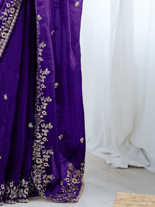 Purple Satin Chiffon Sequins Embroidery Saree (SC35321) - Image 5