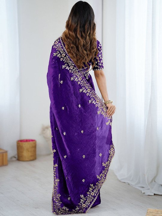 Purple Satin Chiffon Sequins Embroidery Saree (SC35321) - Image 3