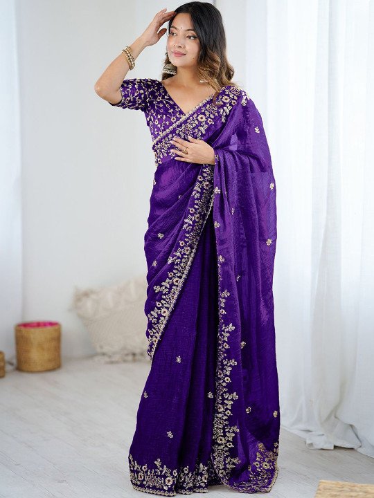 Purple Satin Chiffon Sequins Embroidery Saree (SC35321) - Image 4