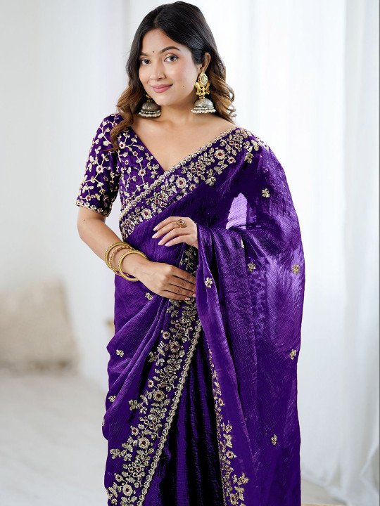 Purple Satin Chiffon Sequins Embroidery Saree (SC35321)