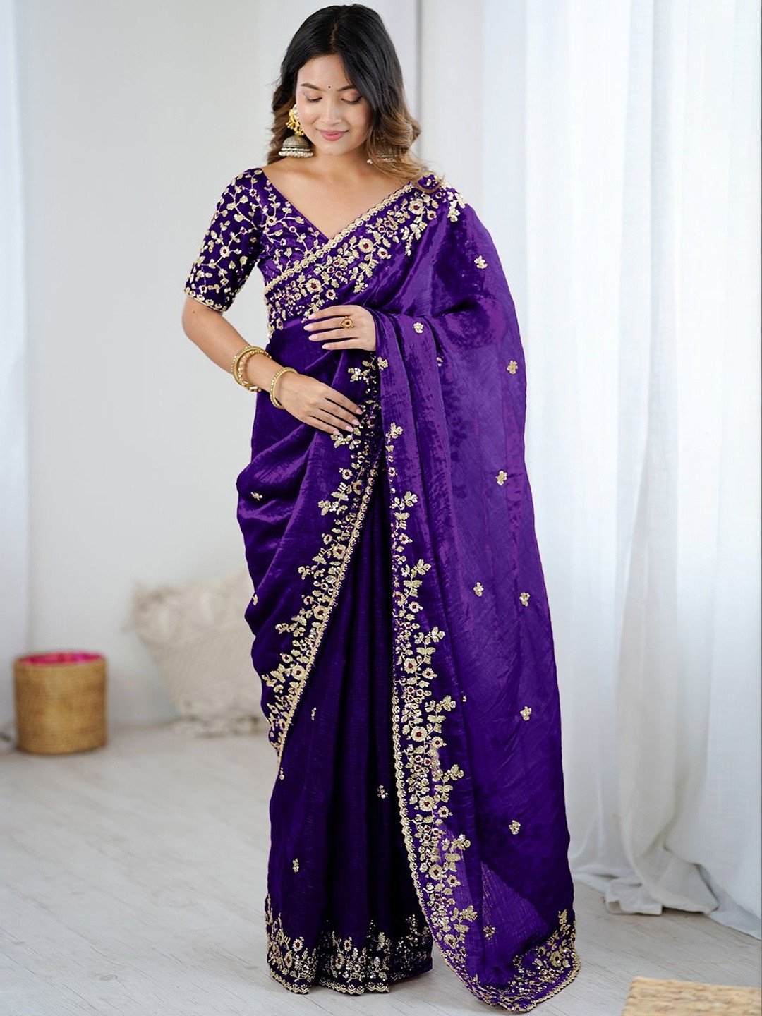 Purple Satin Chiffon Sequins Embroidery Saree (SC35321) - Image 2