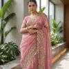 Light Pink Gold Cutdana Beads, Sequins Embroidered Tissue Saree (SC55514)