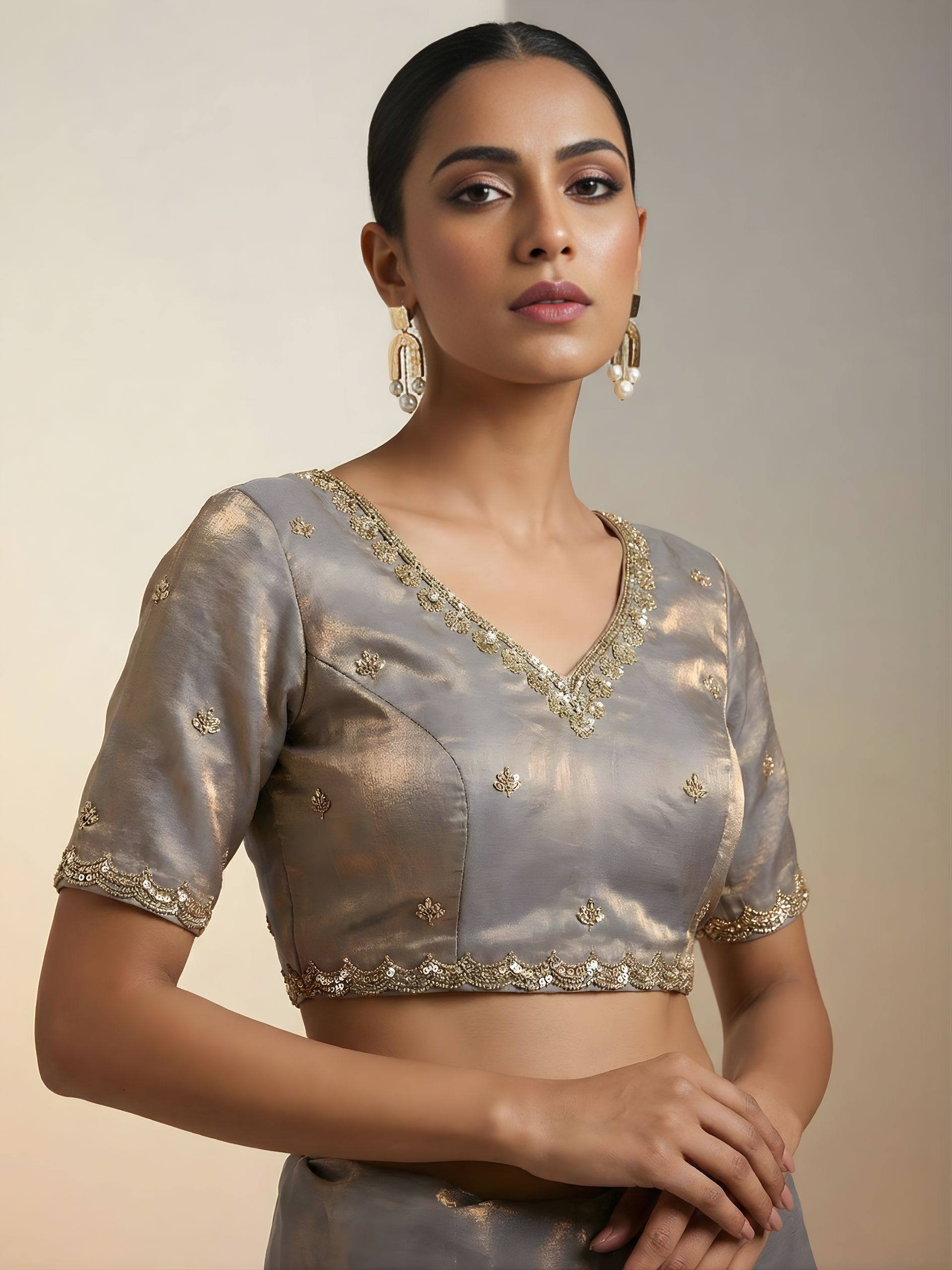 Steel Grey Gold Cutdana Beads, Sequins Embroidered Tissue Saree (SC55512) - Image 4