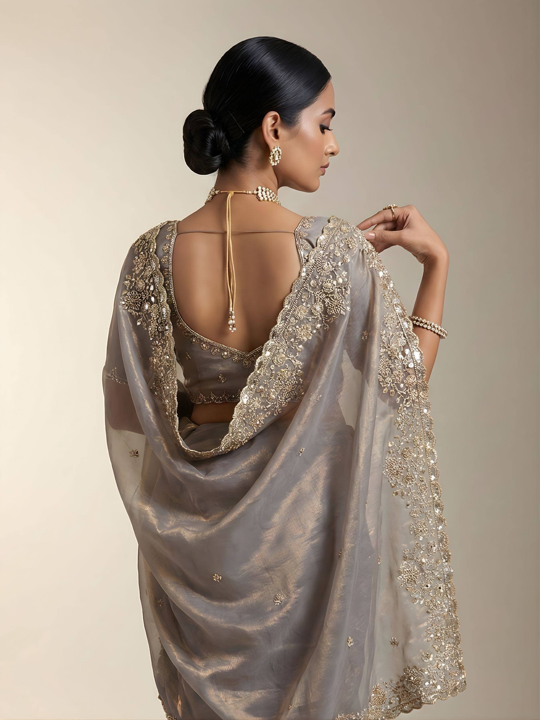 Steel Grey Gold Cutdana Beads, Sequins Embroidered Tissue Saree (SC55512) - Image 3