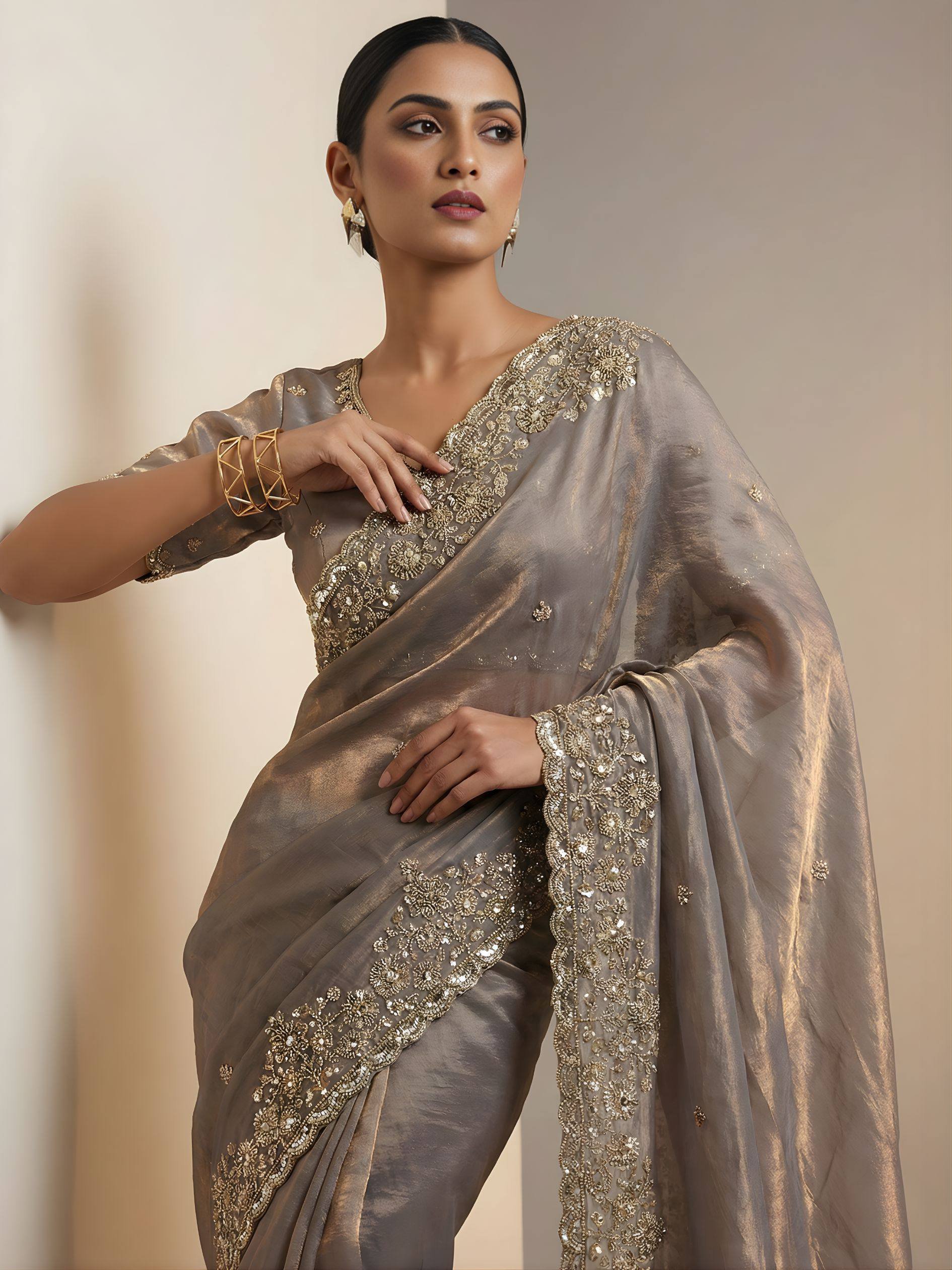 Steel Grey Gold Cutdana Beads, Sequins Embroidered Tissue Saree (SC55512)