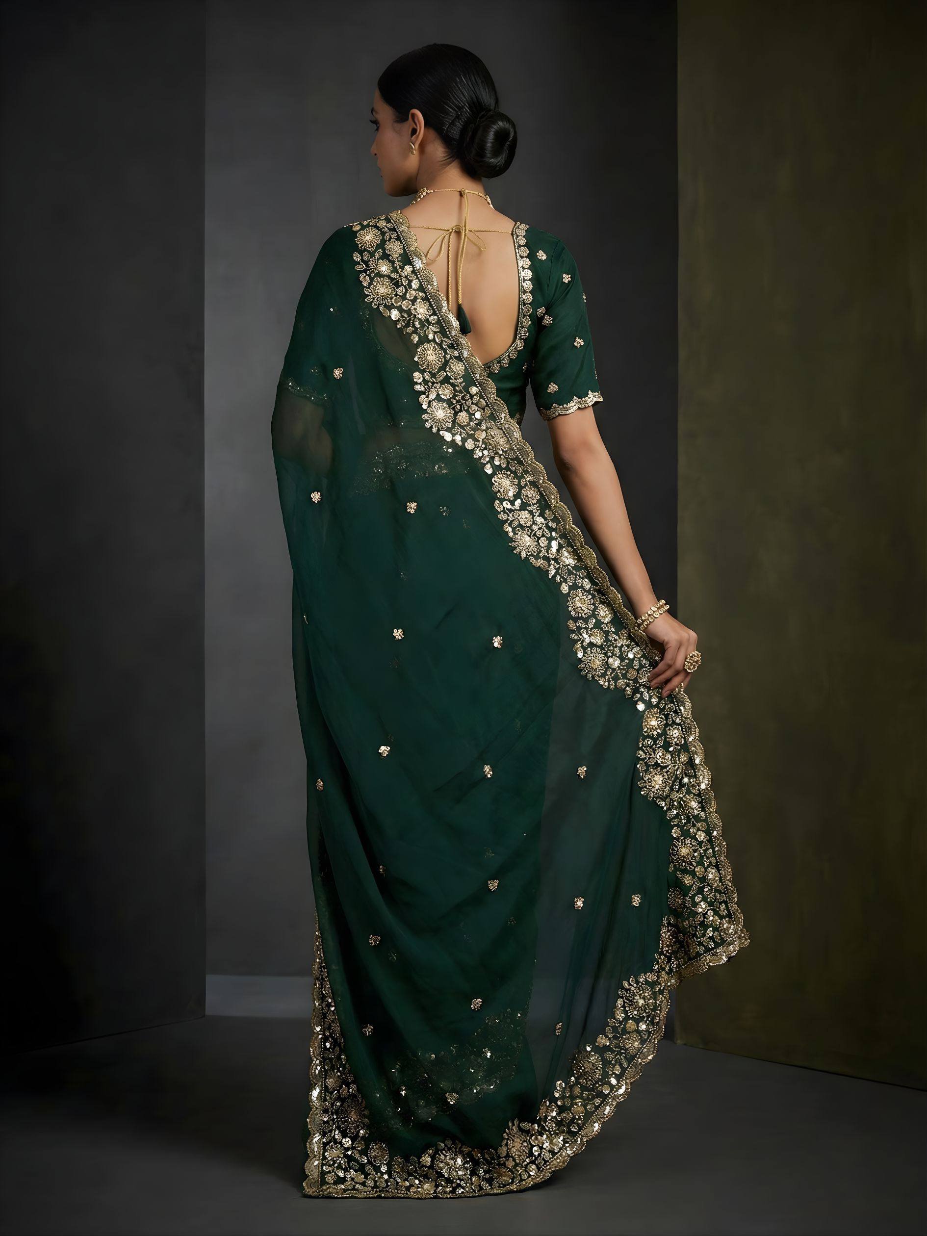 Green Gold Cutdana Beads, Sequins Embroidered Tissue Saree (SC55513) - Image 4