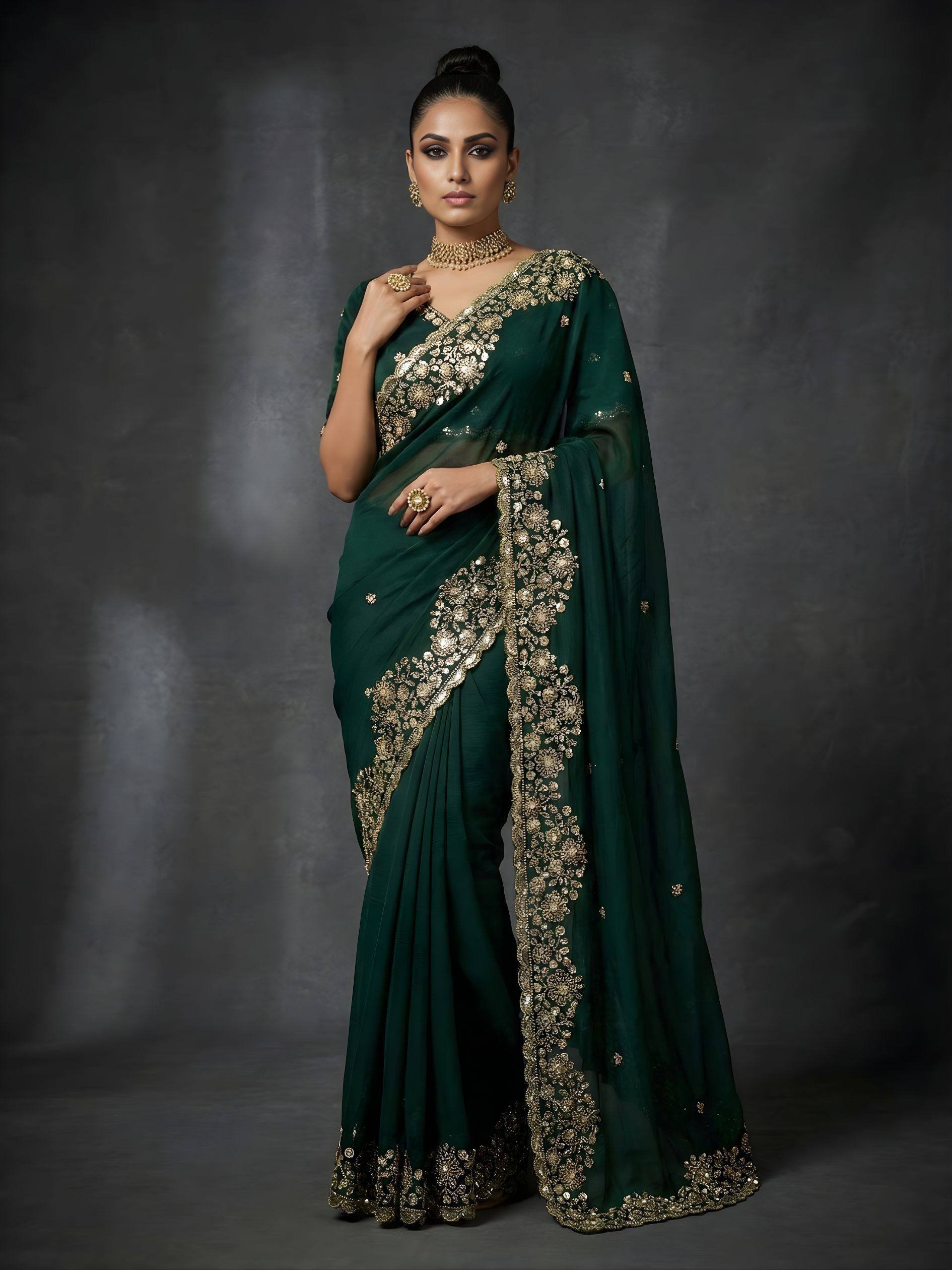 Green Gold Cutdana Beads, Sequins Embroidered Tissue Saree (SC55513)