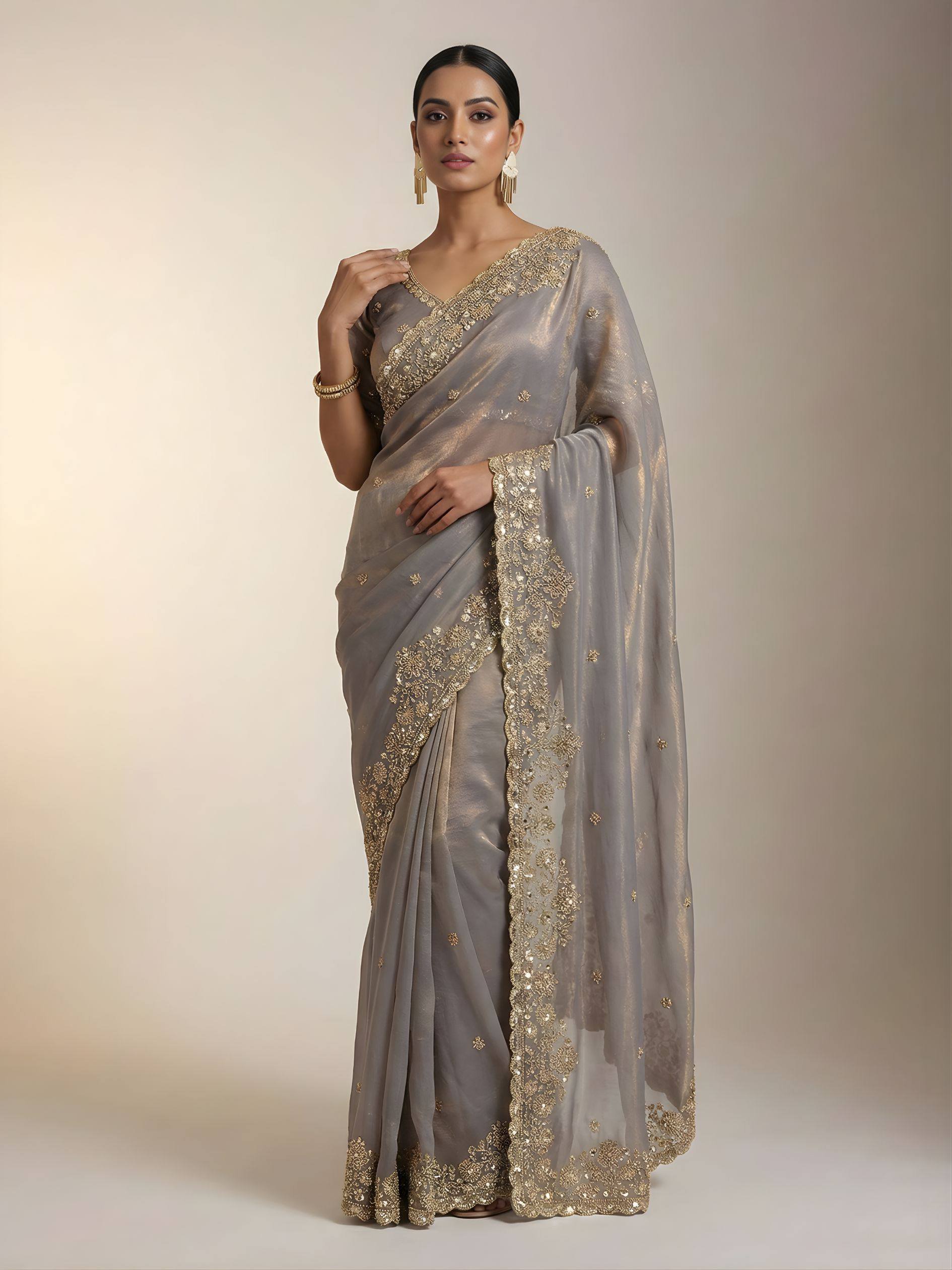 Steel Grey Gold Cutdana Beads, Sequins Embroidered Tissue Saree (SC55512) - Image 2
