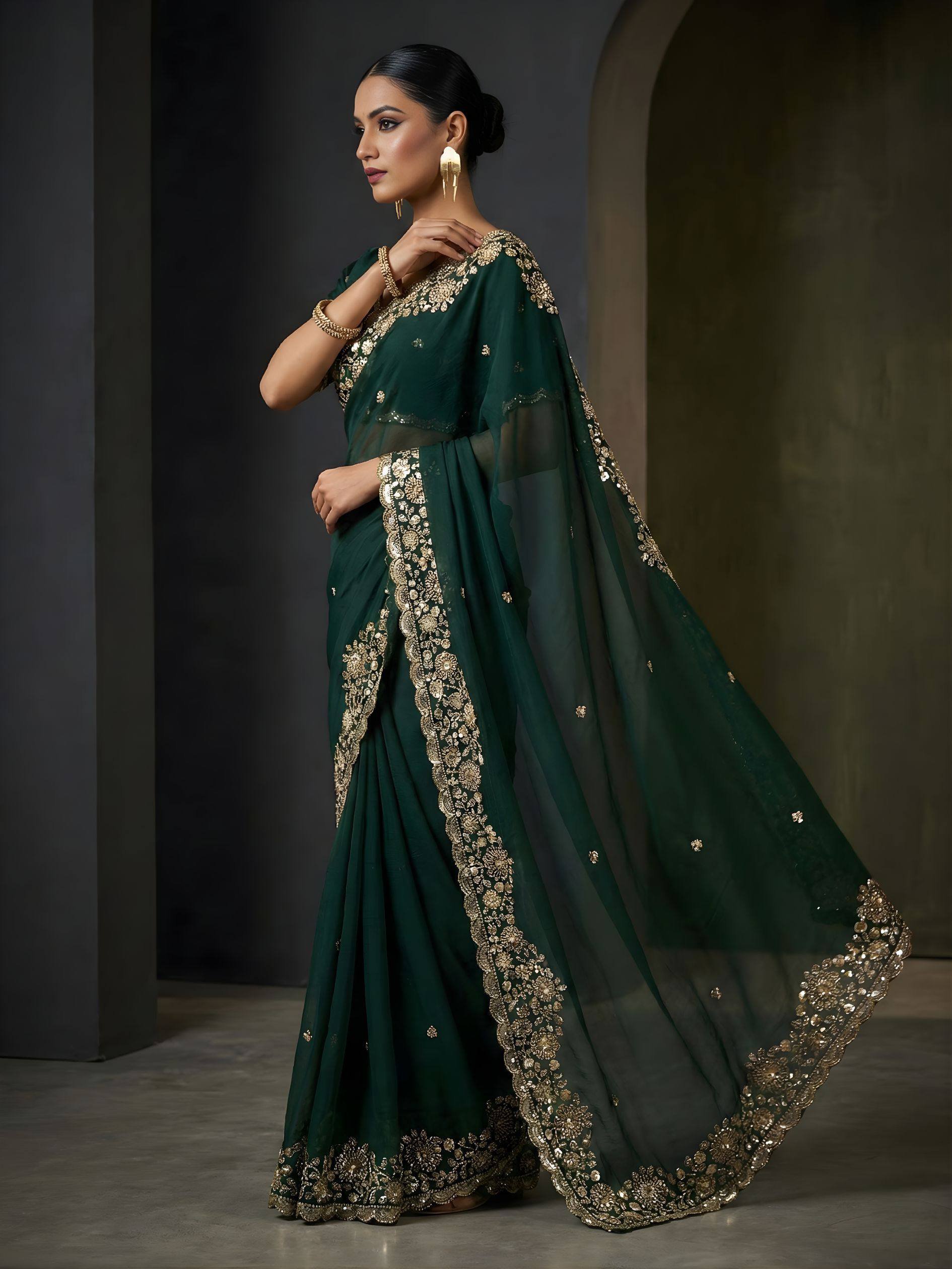 Green Gold Cutdana Beads, Sequins Embroidered Tissue Saree (SC55513) - Image 5