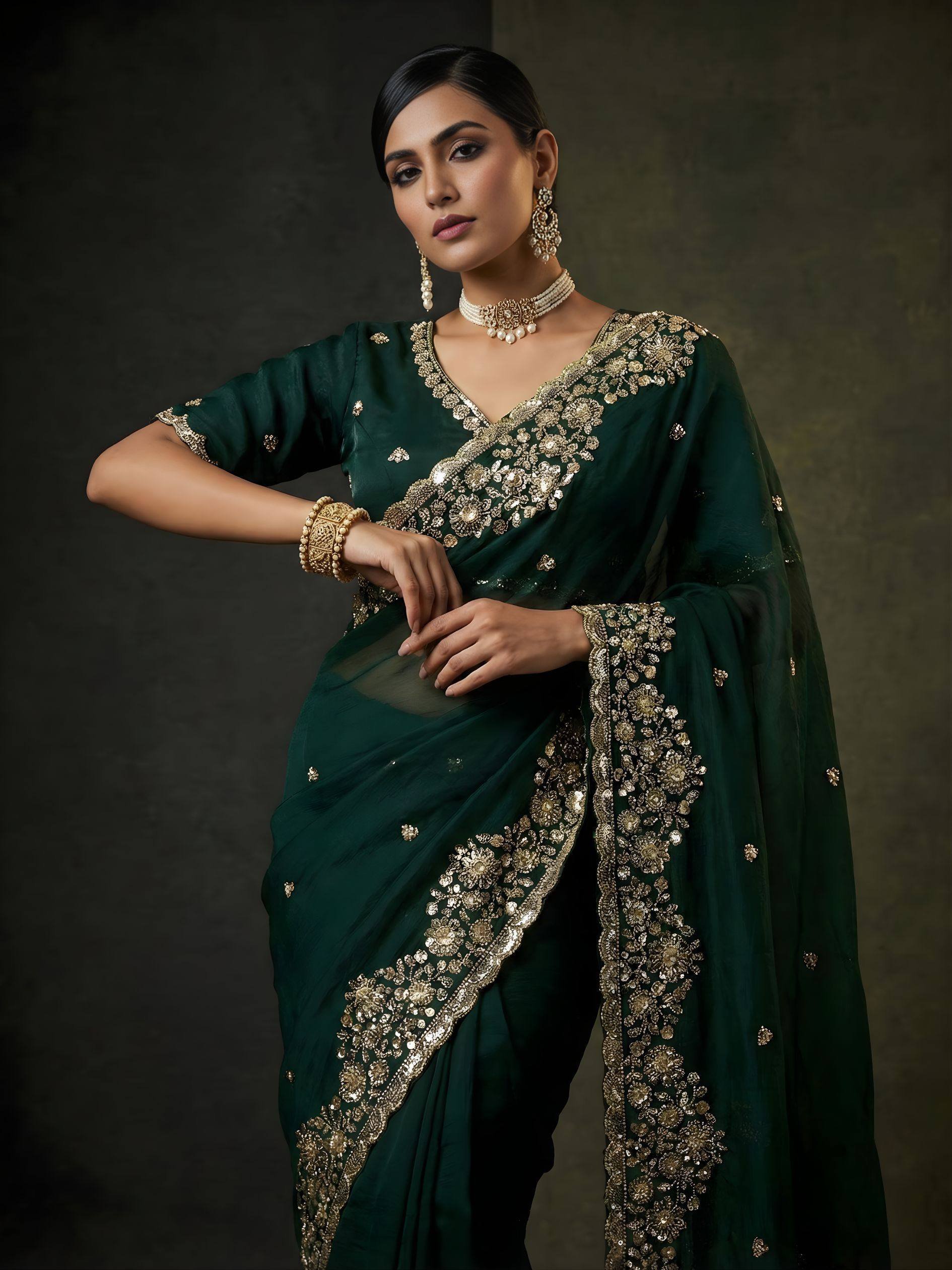Green Gold Cutdana Beads, Sequins Embroidered Tissue Saree (SC55513) - Image 2