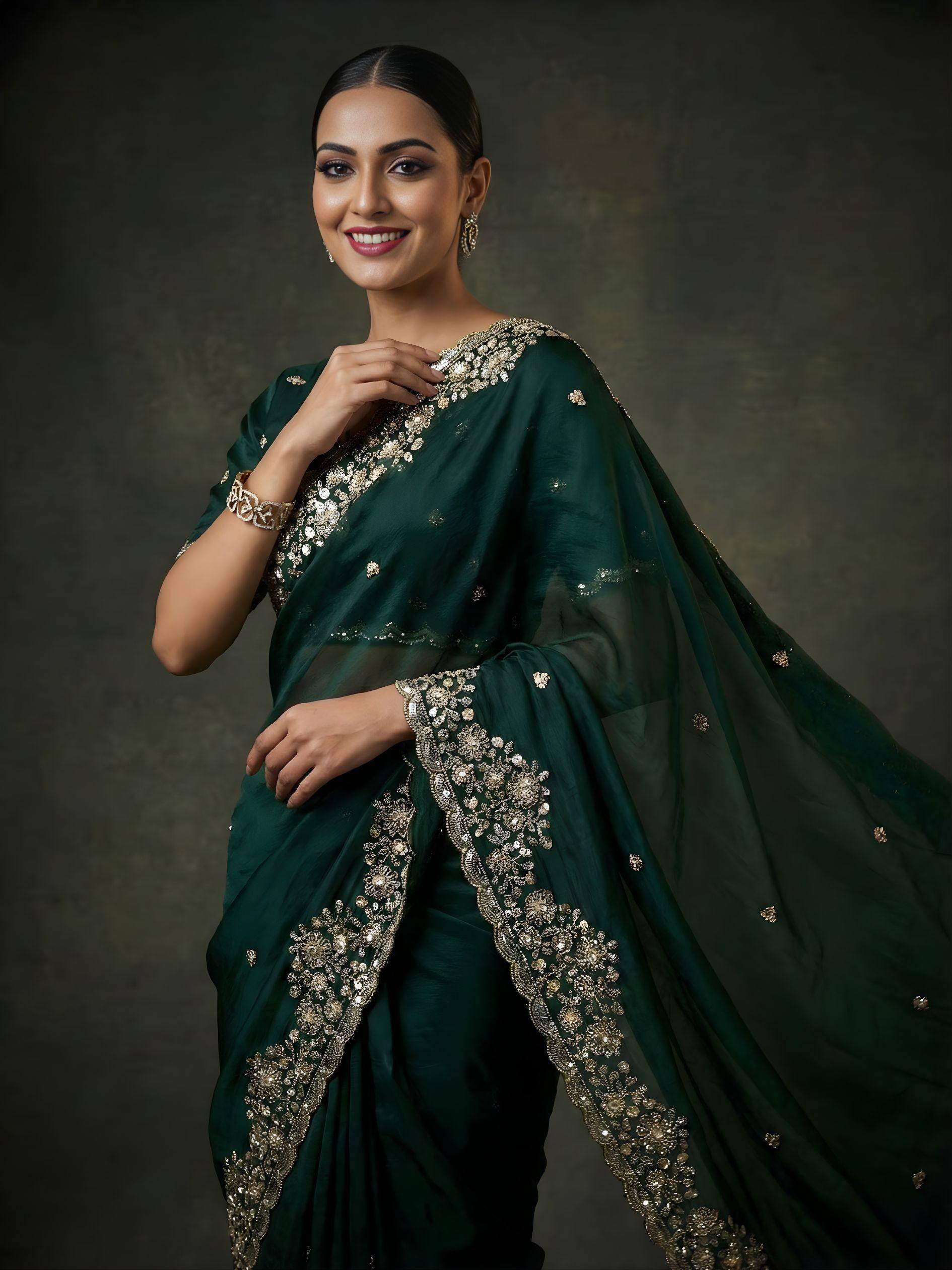 Green Gold Cutdana Beads, Sequins Embroidered Tissue Saree (SC55513) - Image 7