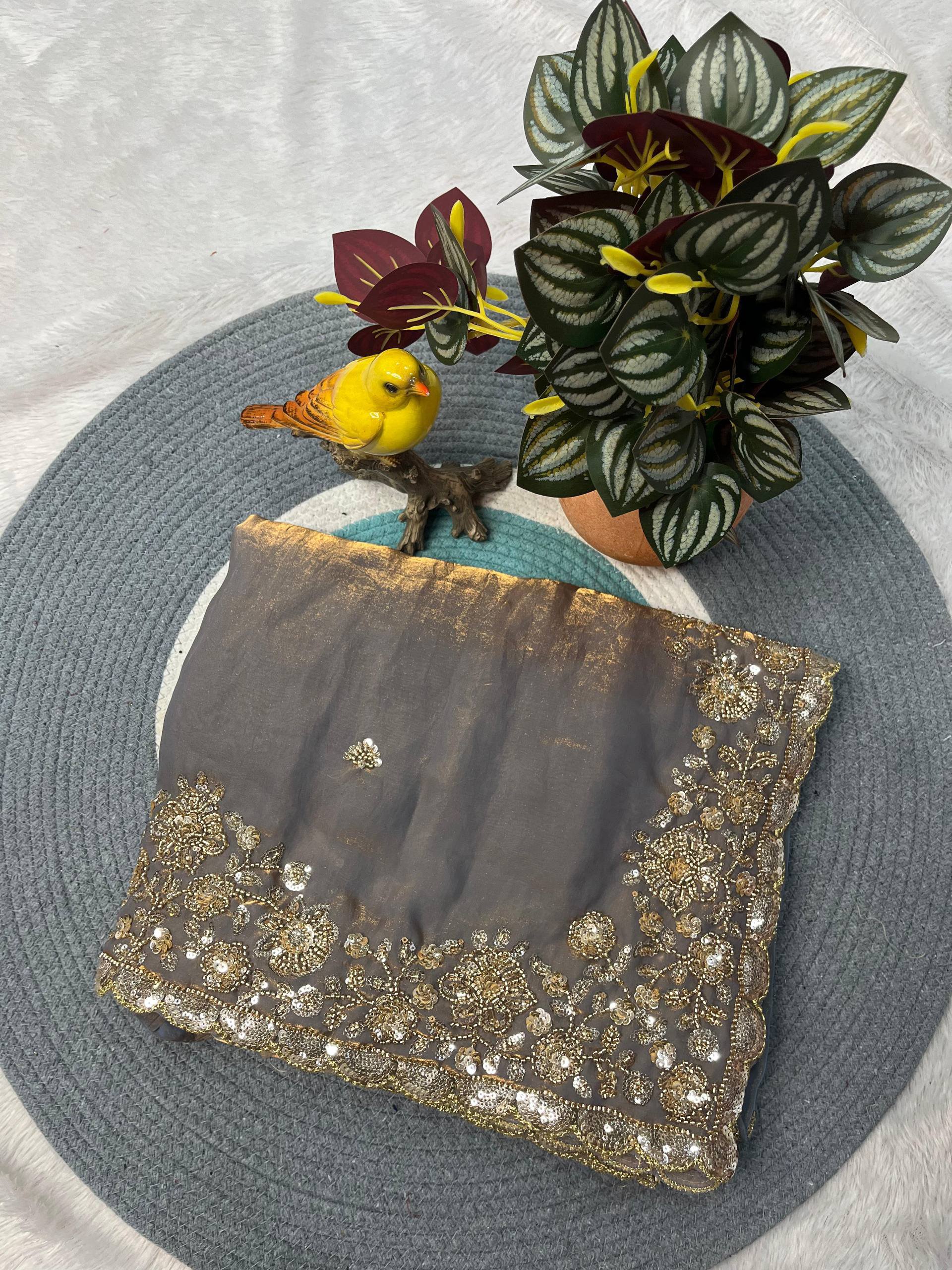 Steel Grey Gold Cutdana Beads, Sequins Embroidered Tissue Saree (SC55512) - Image 5