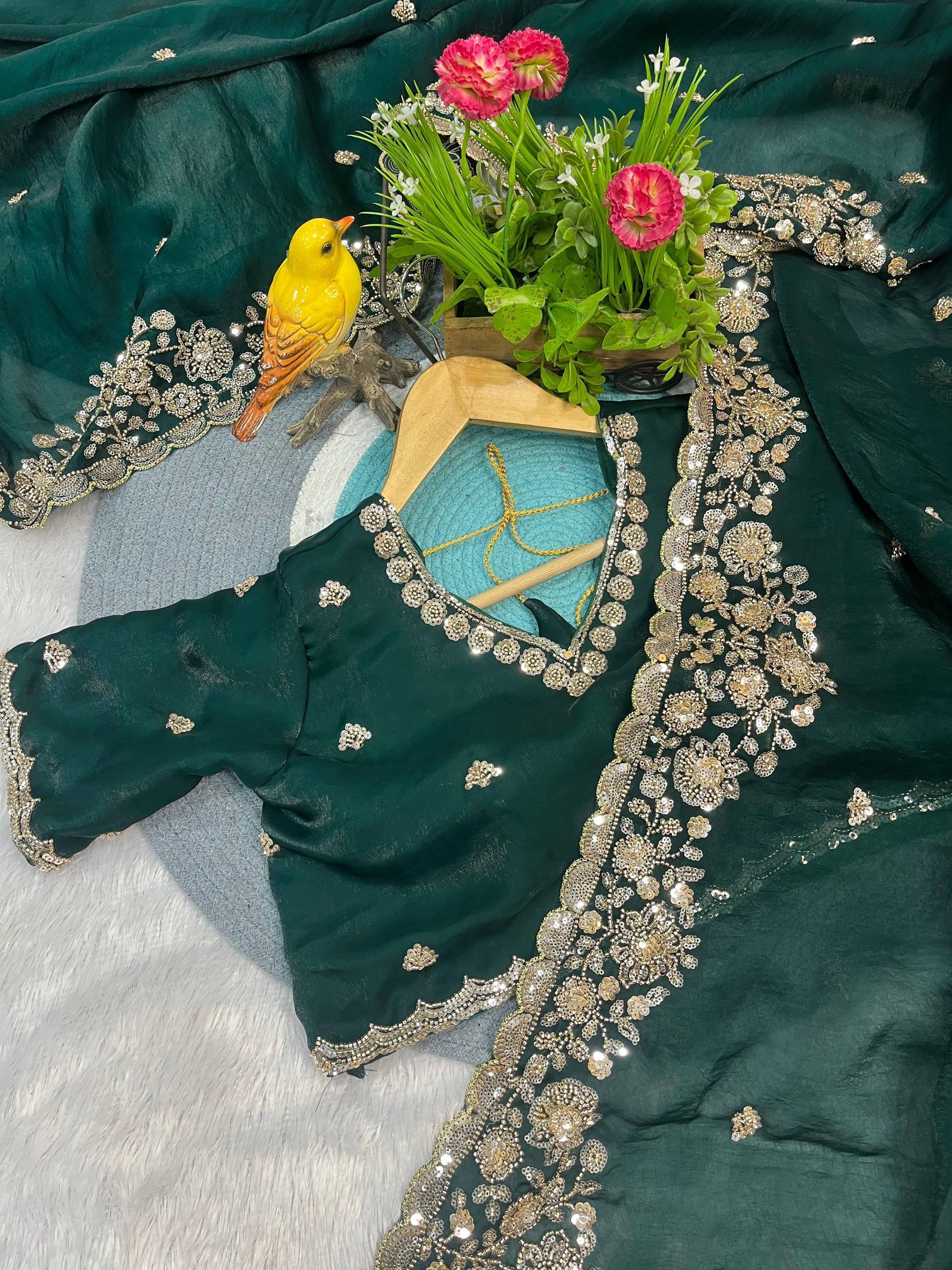 Green Gold Cutdana Beads, Sequins Embroidered Tissue Saree (SC55513) - Image 12