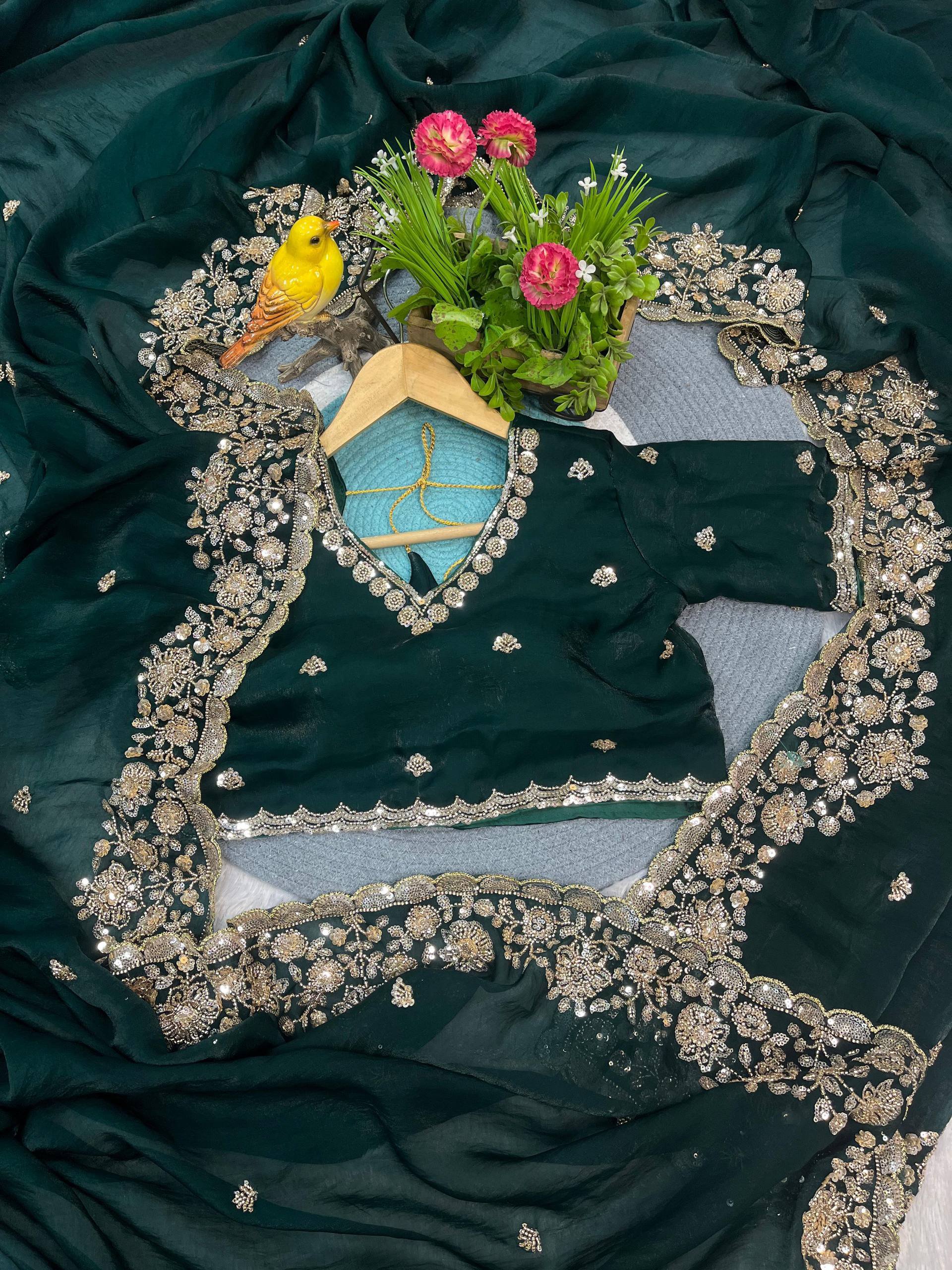 Green Gold Cutdana Beads, Sequins Embroidered Tissue Saree (SC55513) - Image 11