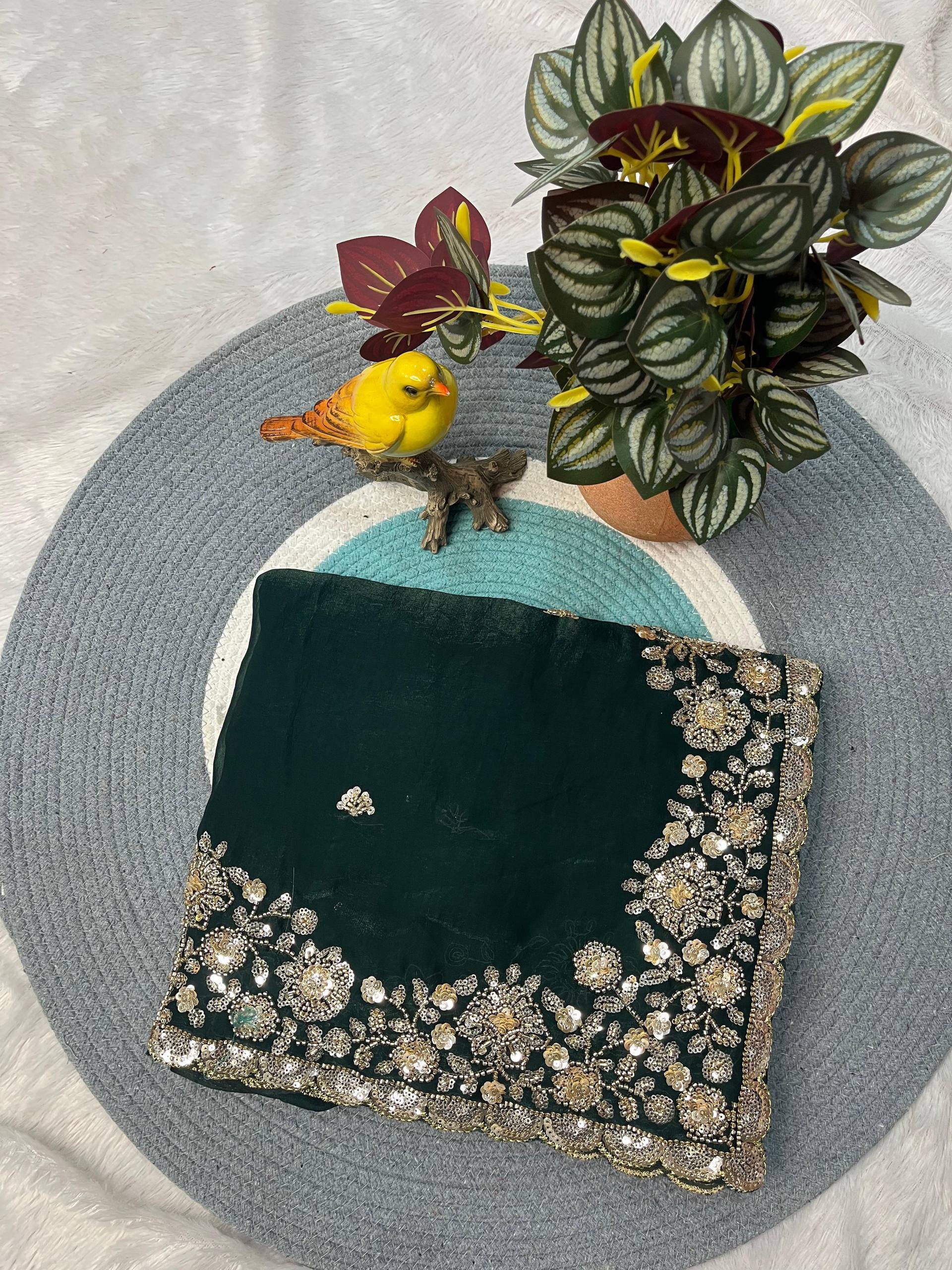 Green Gold Cutdana Beads, Sequins Embroidered Tissue Saree (SC55513) - Image 8