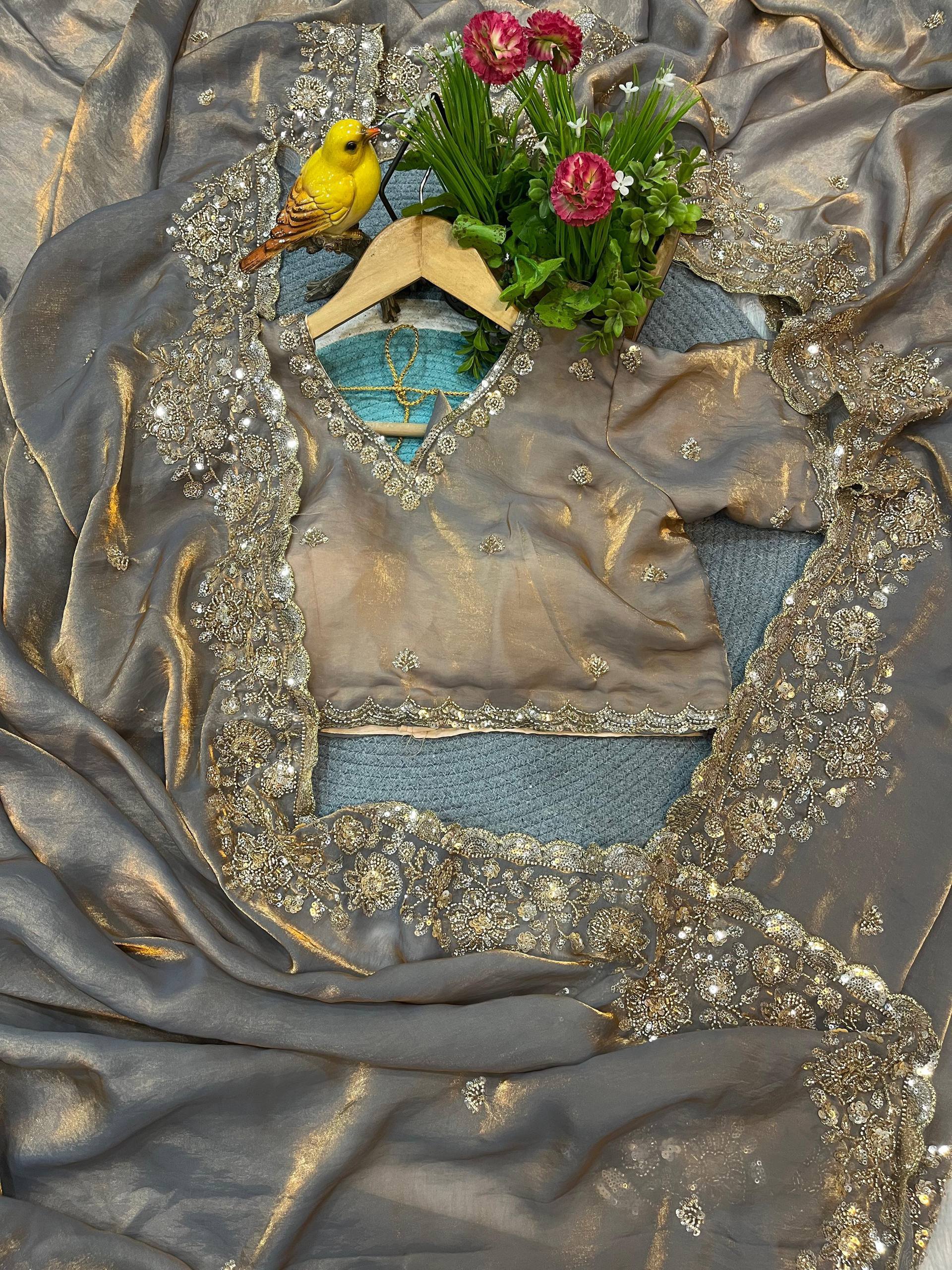 Steel Grey Gold Cutdana Beads, Sequins Embroidered Tissue Saree (SC55512) - Image 7