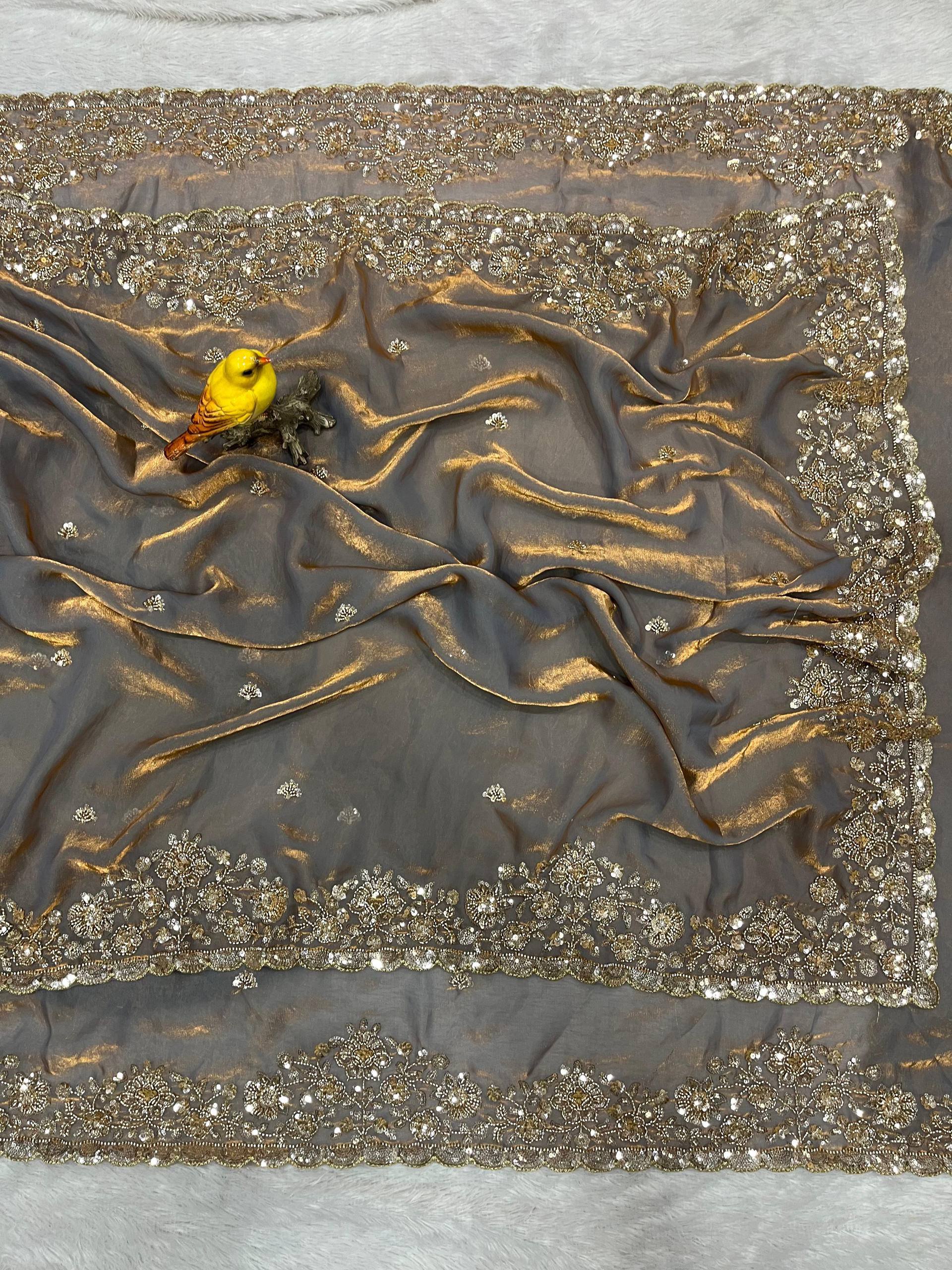 Steel Grey Gold Cutdana Beads, Sequins Embroidered Tissue Saree (SC55512) - Image 6