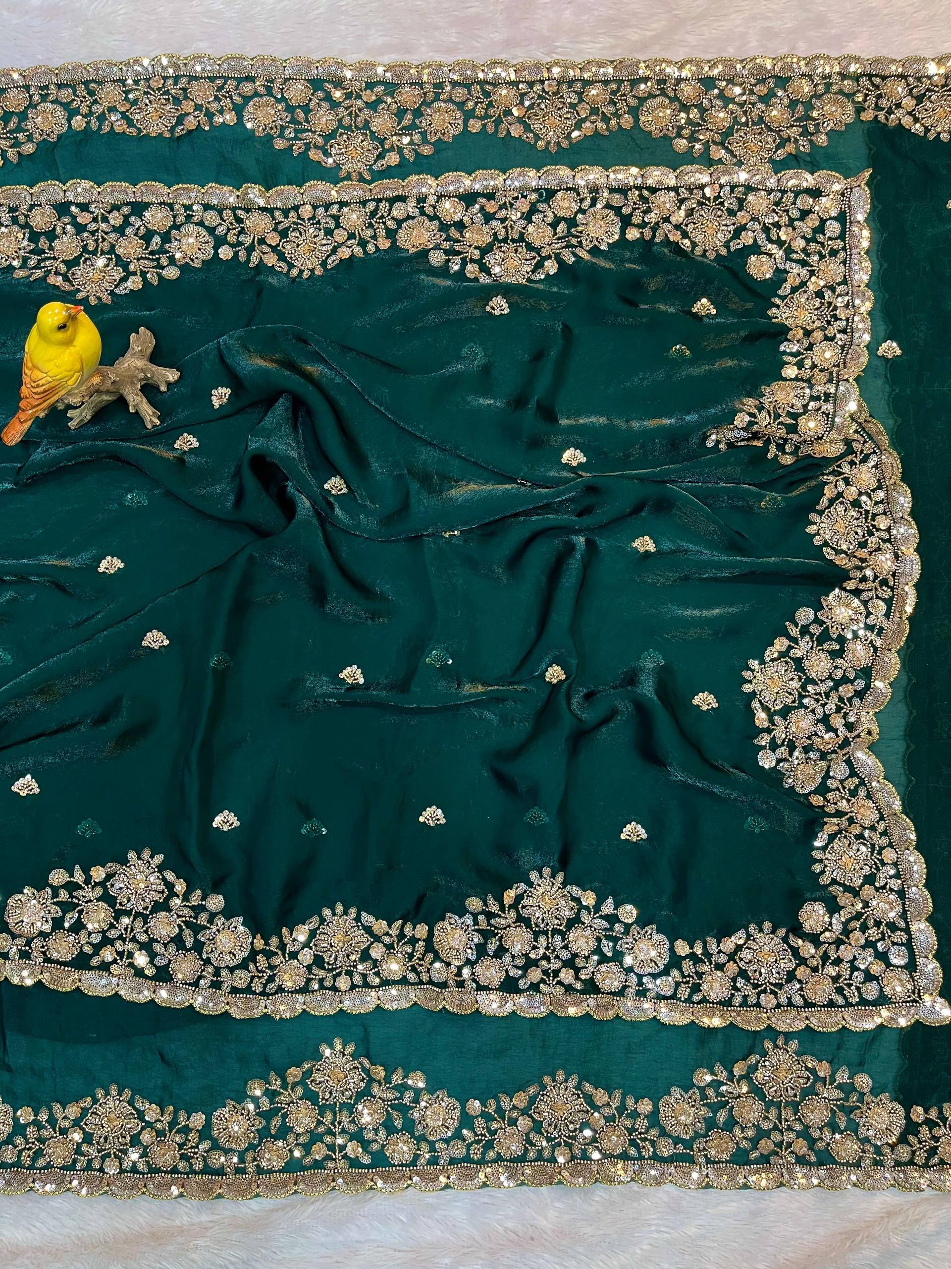 Green Gold Cutdana Beads, Sequins Embroidered Tissue Saree (SC55513) - Image 10