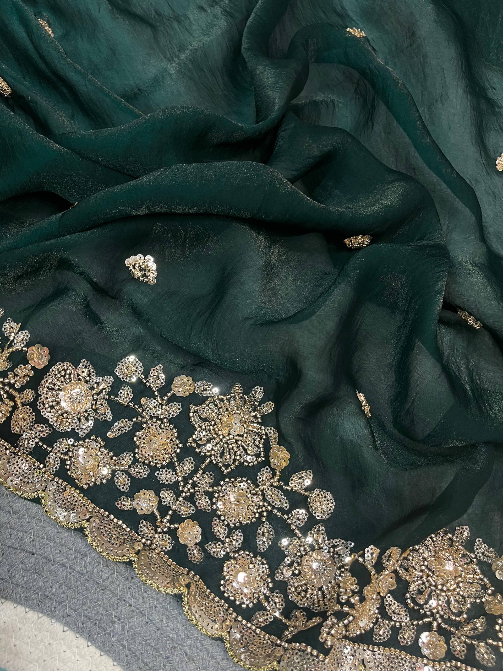 Green Gold Cutdana Beads, Sequins Embroidered Tissue Saree (SC55513) - Image 9
