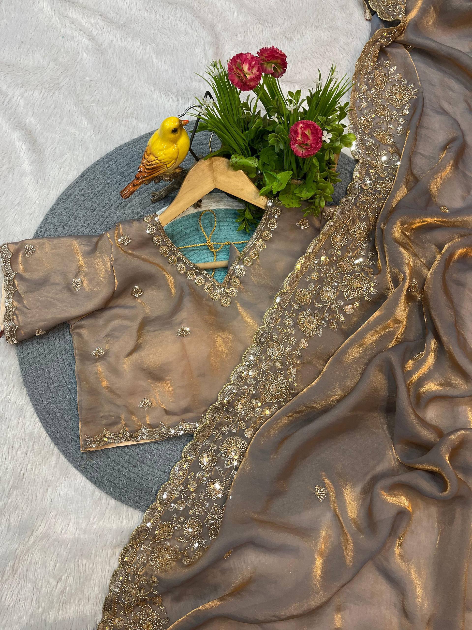 Steel Grey Gold Cutdana Beads, Sequins Embroidered Tissue Saree (SC55512) - Image 8