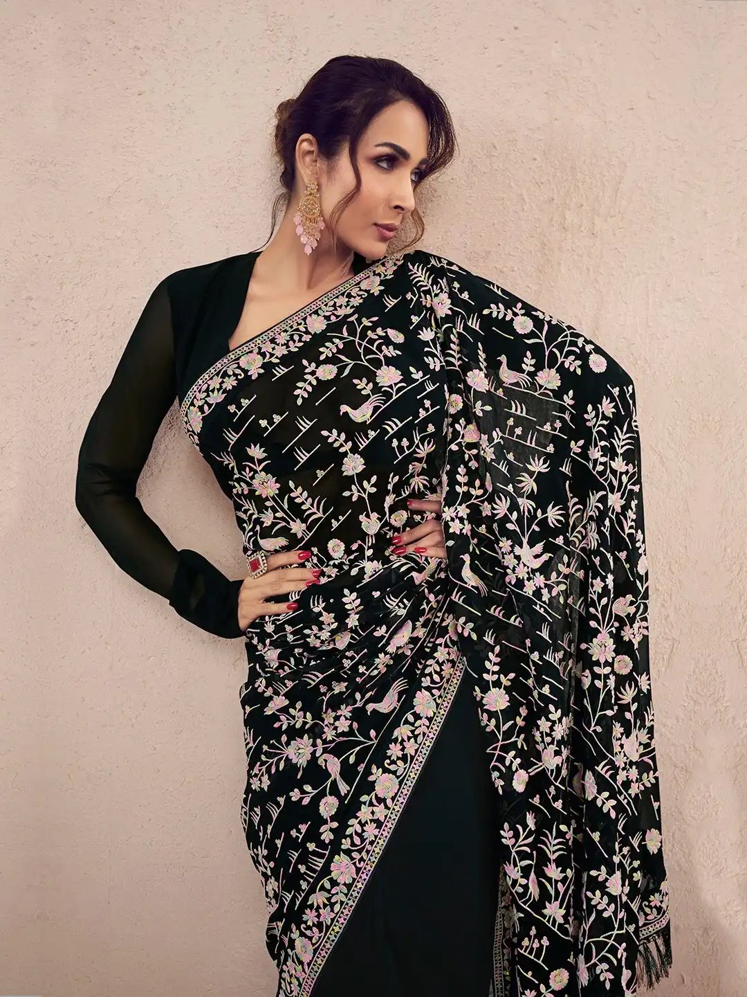 Floral Multi Thread and Sequins Embroidered Partywear Saree (SC23315) - Image 2