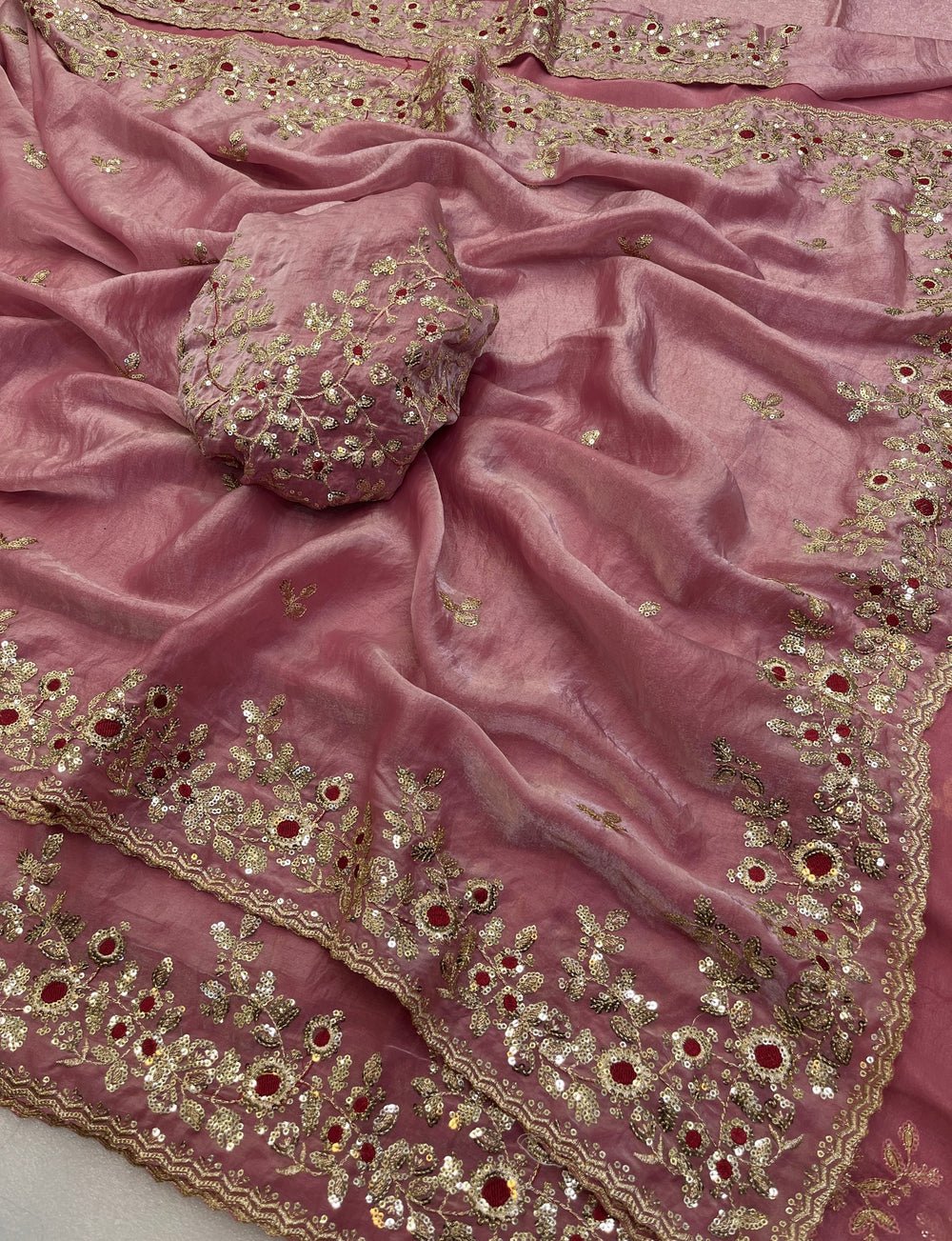 Baby Pink Tissue Silk Gold Sequins Embroidery Saree (SC35327)