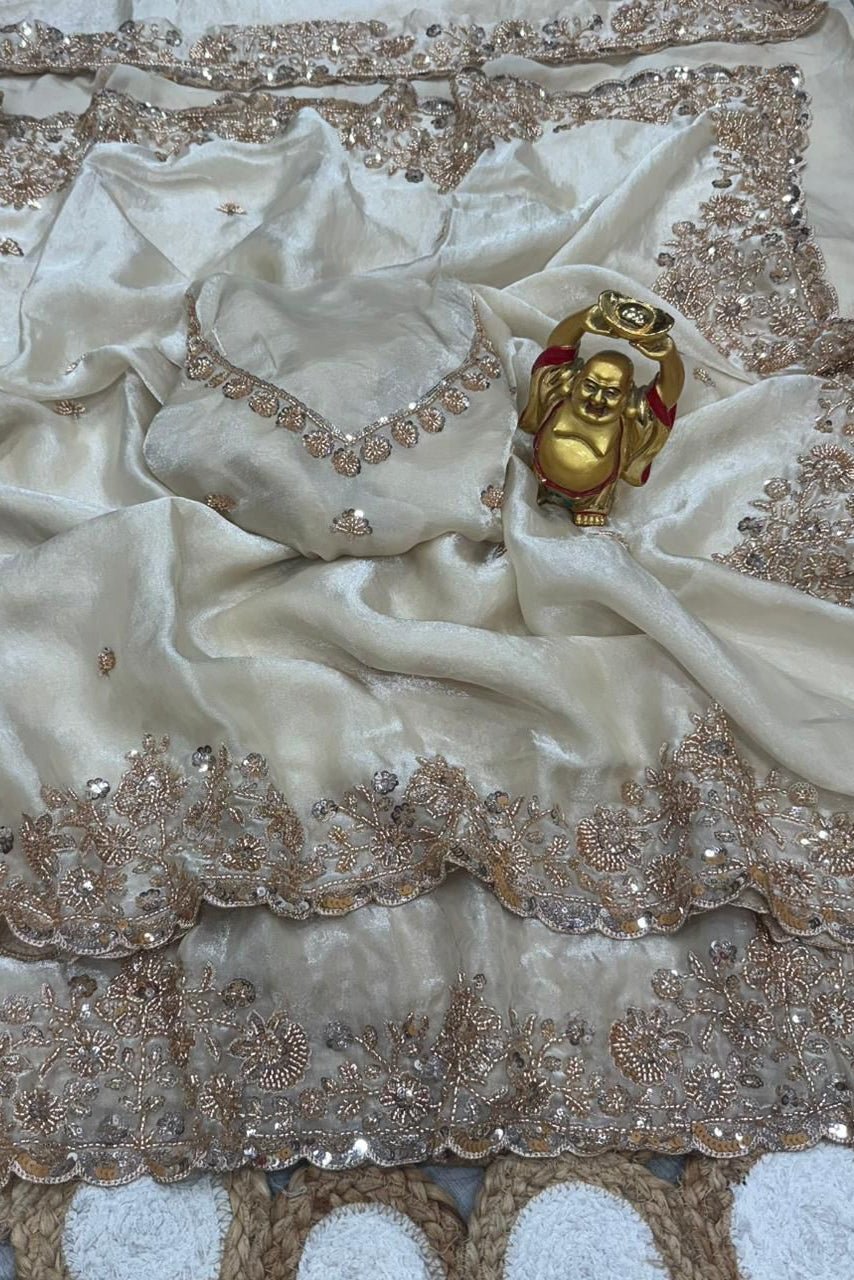 Ivory Pearl Gold Cutdana Beads, Sequins Embroidered Partywear Saree (SC55520)