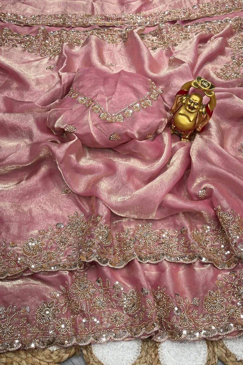 Light Pink Gold Cutdana Beads, Sequins Embroidered Partywear Saree (SC55525)