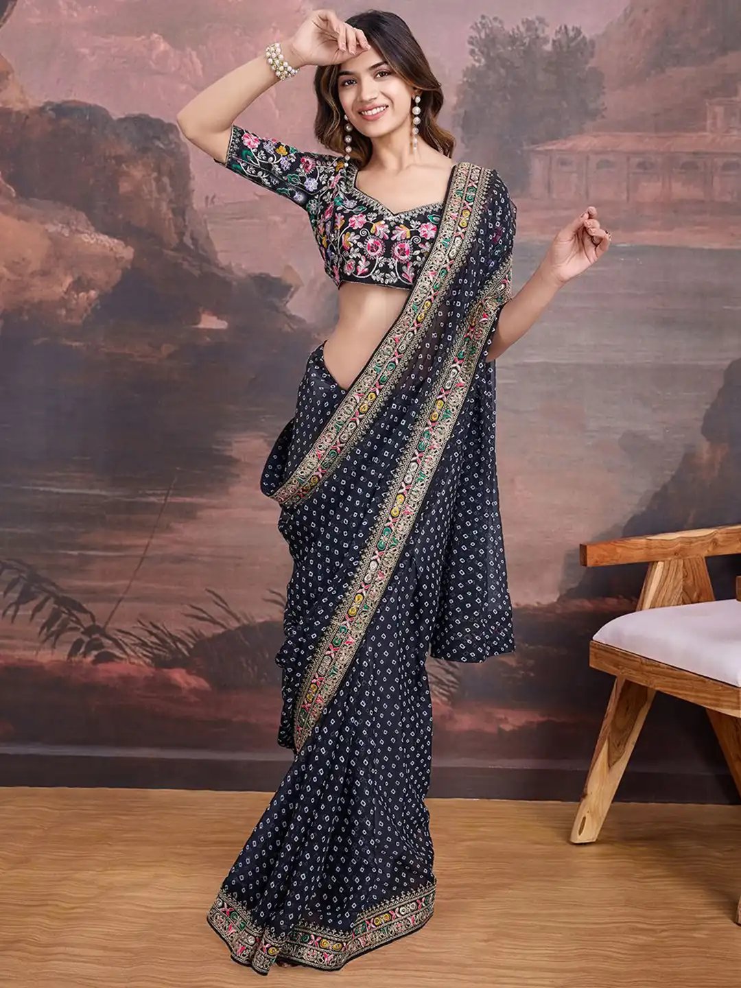 Black Bandhani Design Embroidered Saree with Heavy Embroidered Blouse Piece (SC53552) - Image 4