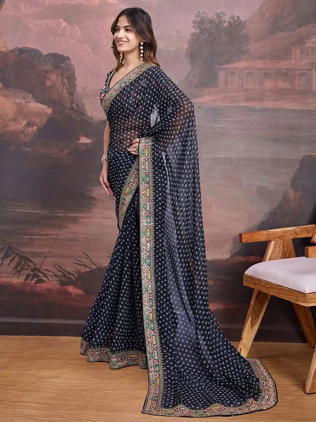 Black Bandhani Design Embroidered Saree with Heavy Embroidered Blouse Piece (SC53552) - Image 5