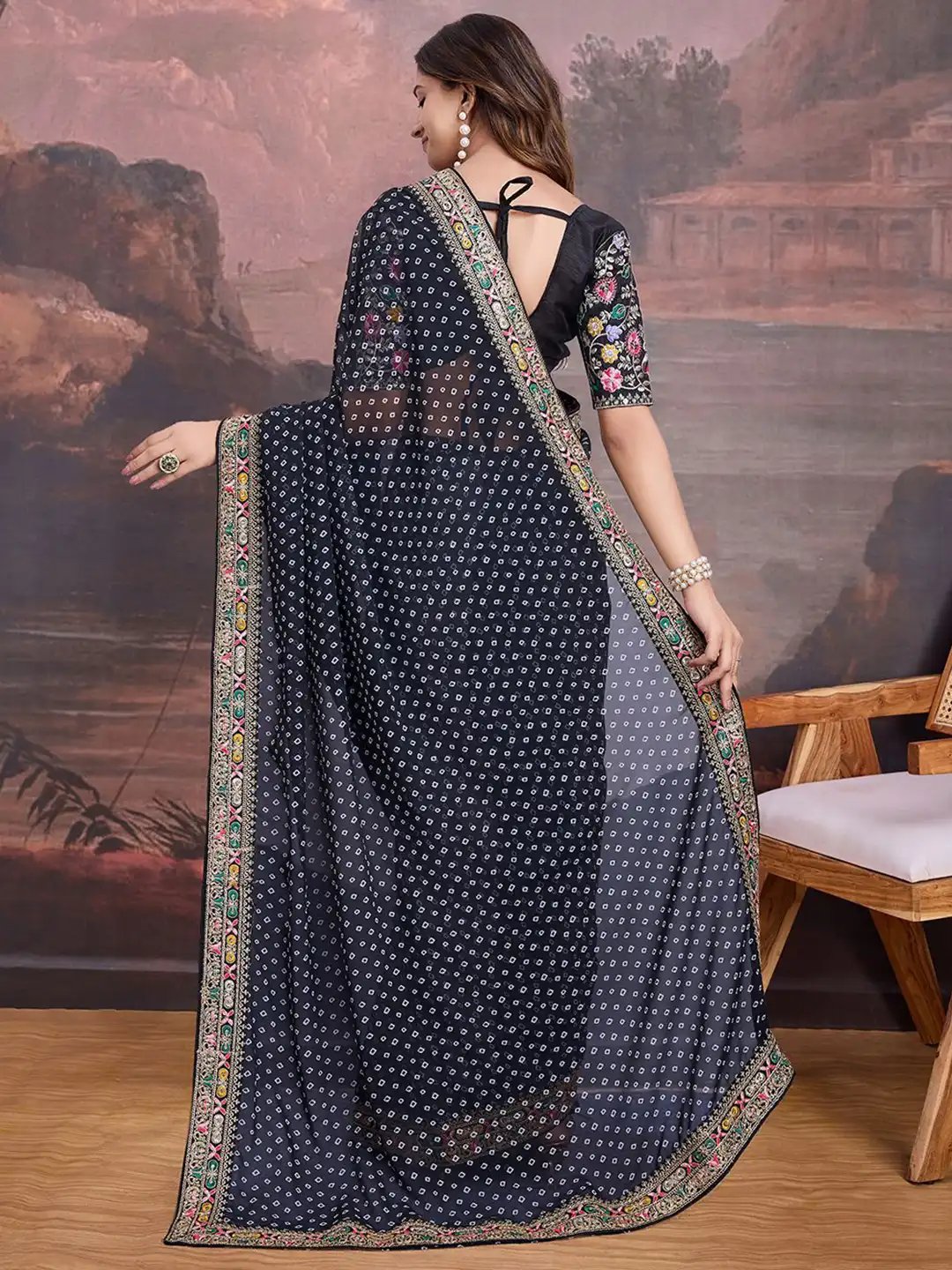 Black Bandhani Design Embroidered Saree with Heavy Embroidered Blouse Piece (SC53552) - Image 3
