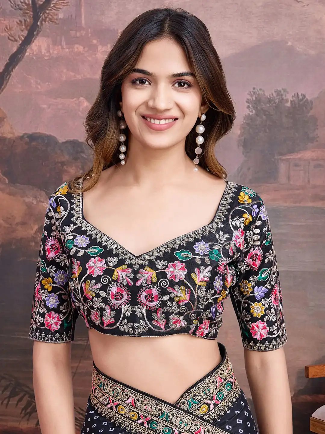 Black Bandhani Design Embroidered Saree with Heavy Embroidered Blouse Piece (SC53552) - Image 7