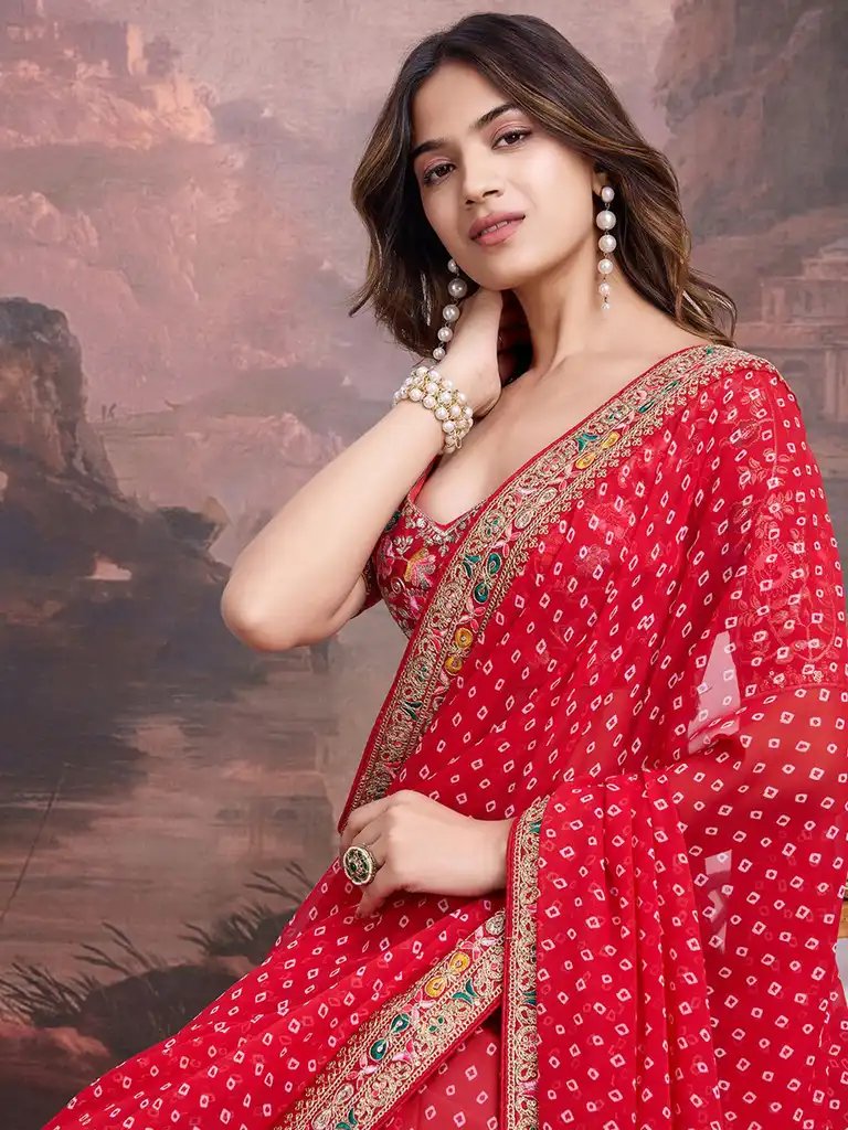 Red Bandhani Design Embroidered Saree with Heavy Embroidered Blouse Piece (SC53553)