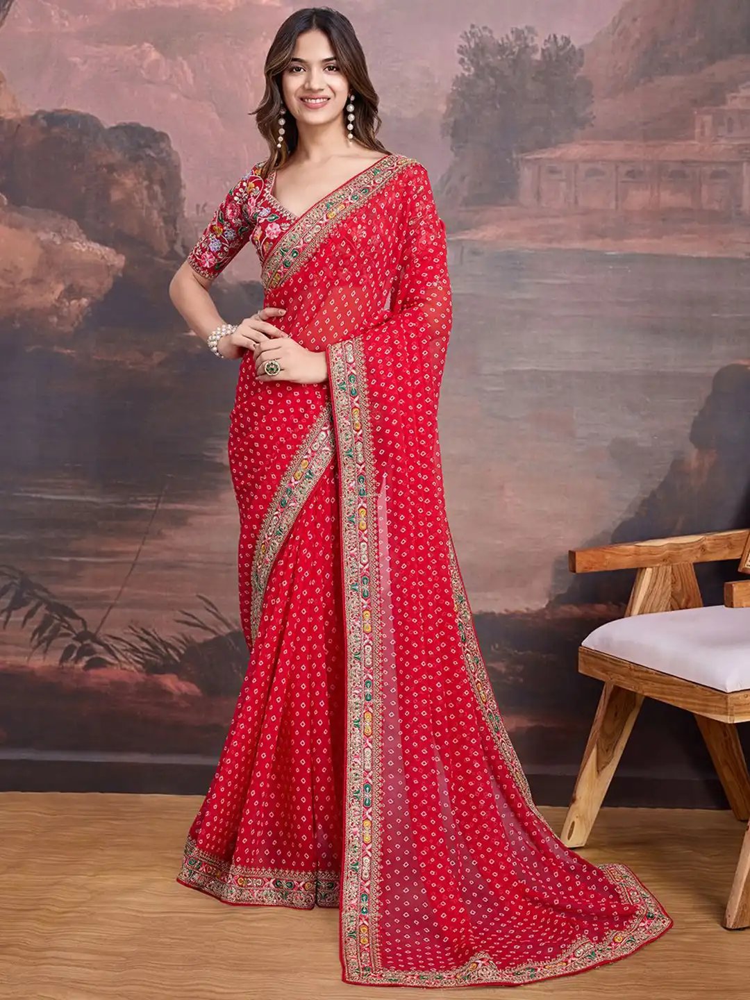 Red Bandhani Design Embroidered Saree with Heavy Embroidered Blouse Piece (SC53553) - Image 2