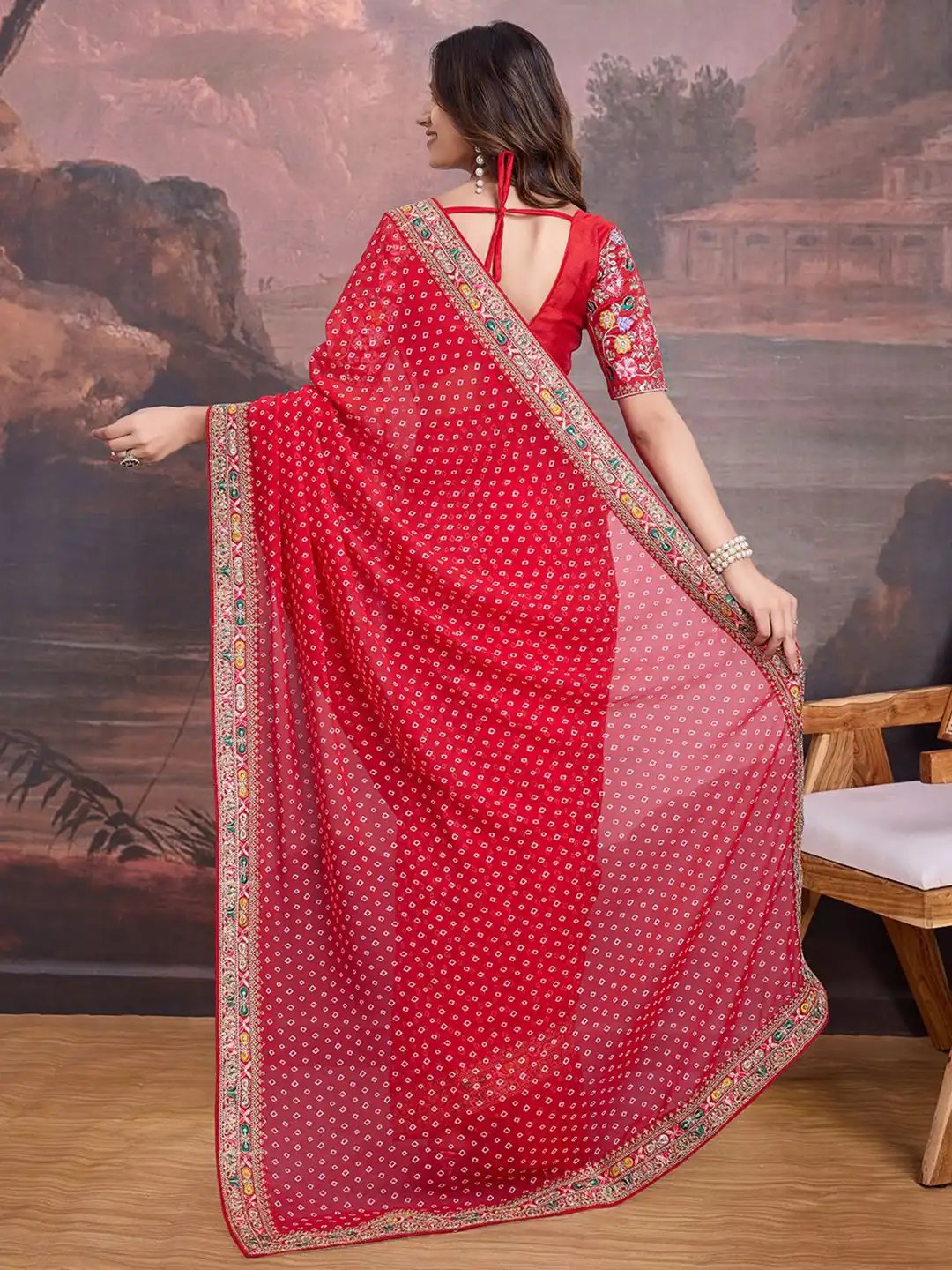 Red Bandhani Design Embroidered Saree with Heavy Embroidered Blouse Piece (SC53553) - Image 4