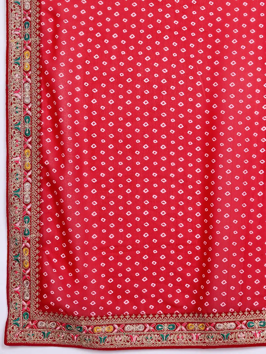 Red Bandhani Design Embroidered Saree with Heavy Embroidered Blouse Piece (SC53553) - Image 5