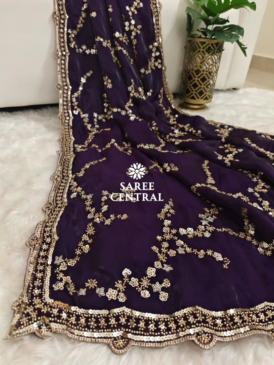 Purple Gold Beads, Sequins Embroidered Partywear Saree (SC11229)