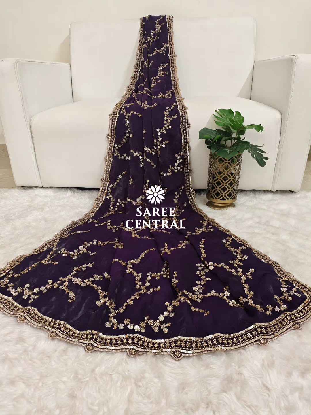 Purple Gold Beads, Sequins Embroidered Partywear Saree (SC11229) - Image 2