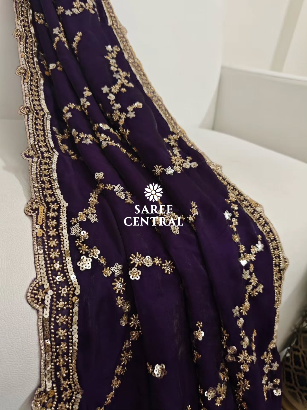 Purple Gold Beads, Sequins Embroidered Partywear Saree (SC11229) - Image 3