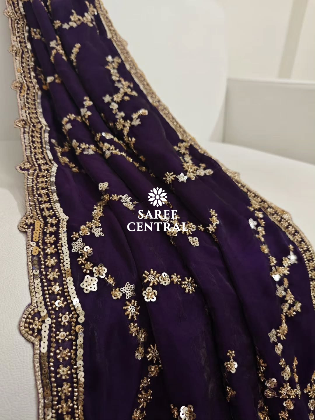 Purple Gold Beads, Sequins Embroidered Partywear Saree (SC11229) - Image 7