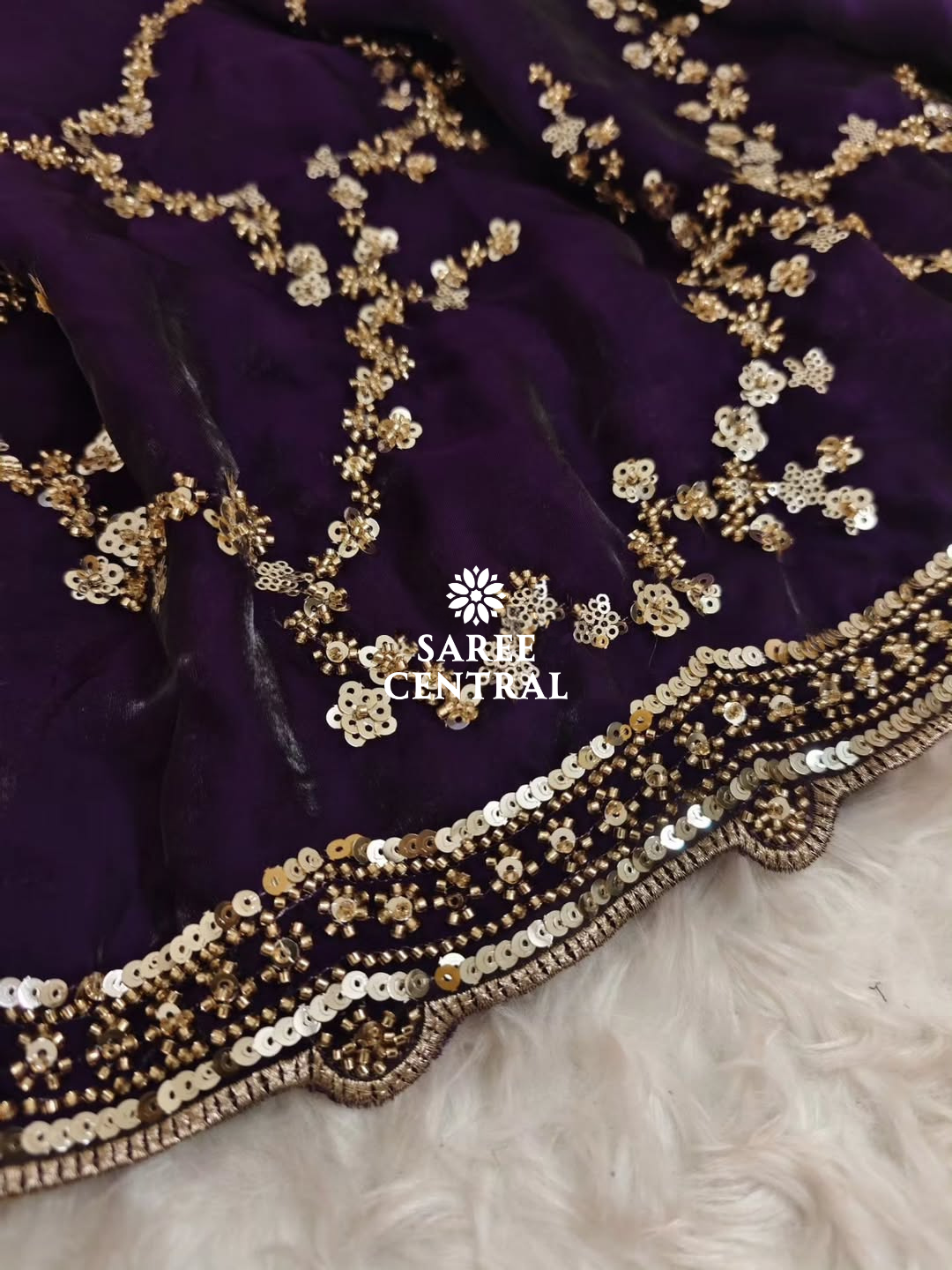 Purple Gold Beads, Sequins Embroidered Partywear Saree (SC11229) - Image 11