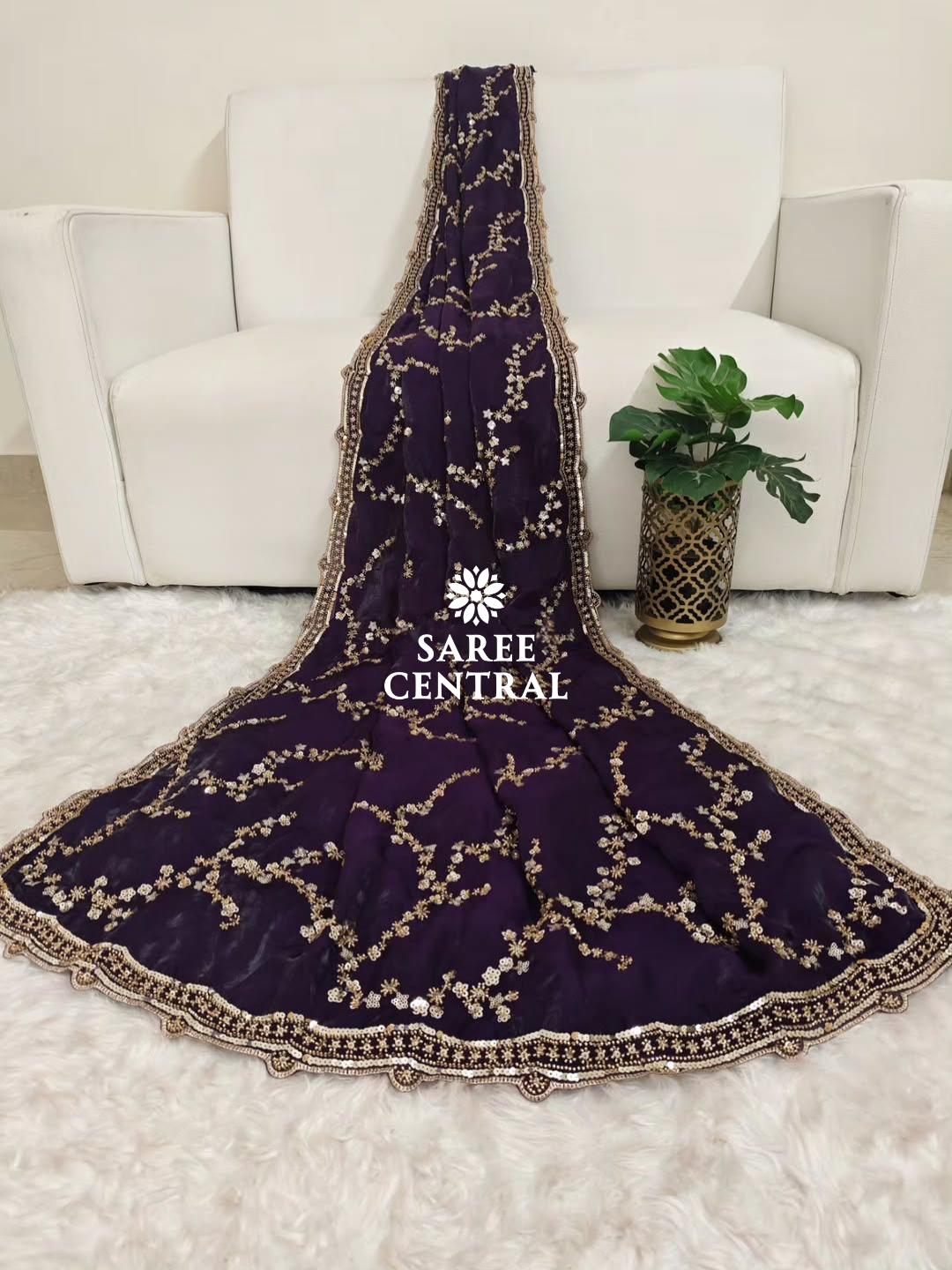 Purple Gold Beads, Sequins Embroidered Partywear Saree (SC11229) - Image 10