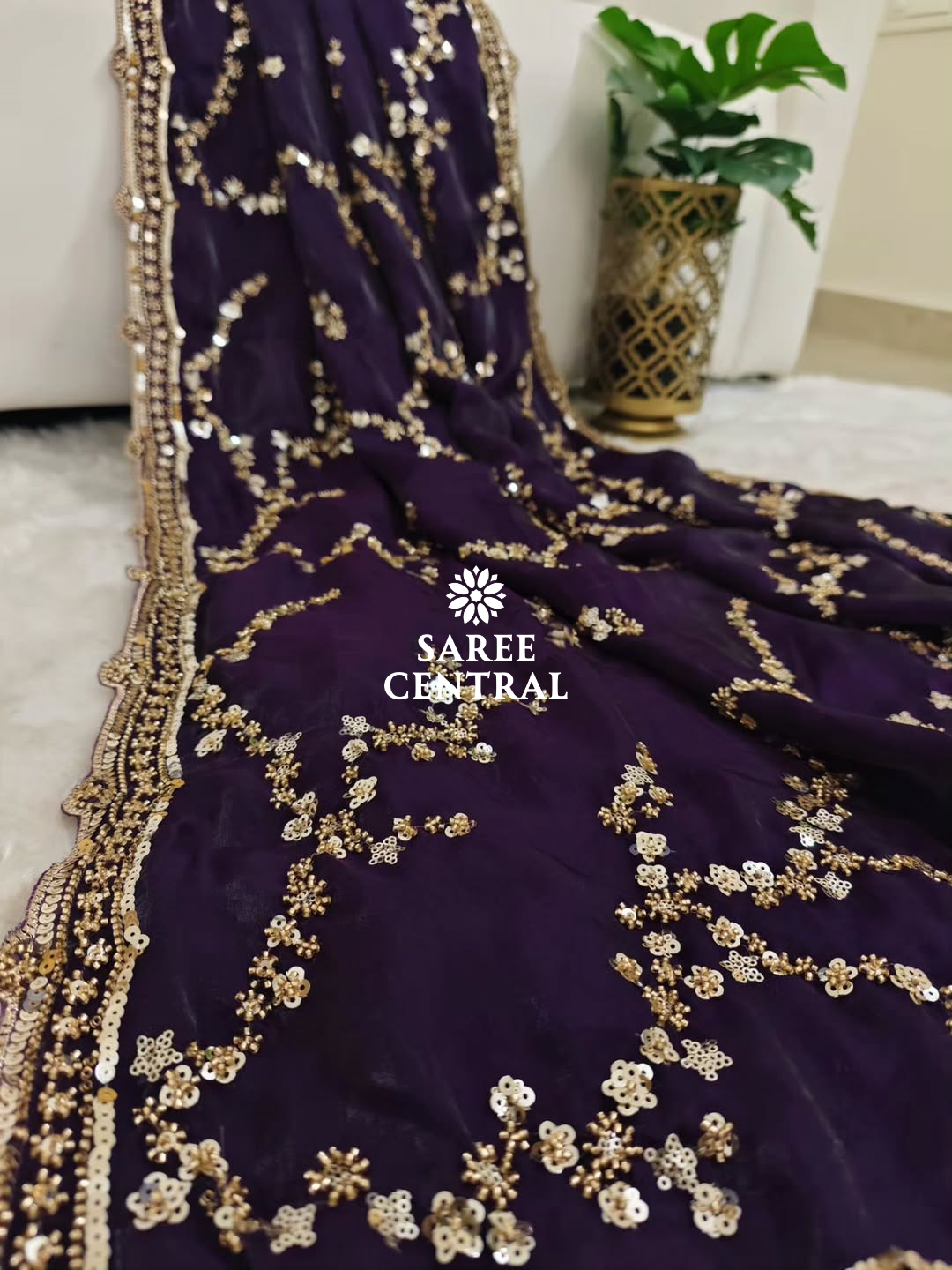 Purple Gold Beads, Sequins Embroidered Partywear Saree (SC11229) - Image 4