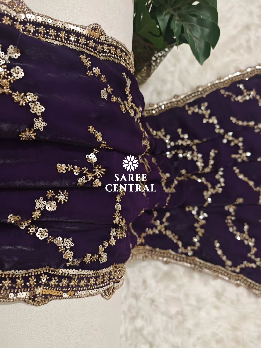 Purple Gold Beads, Sequins Embroidered Partywear Saree (SC11229) - Image 9