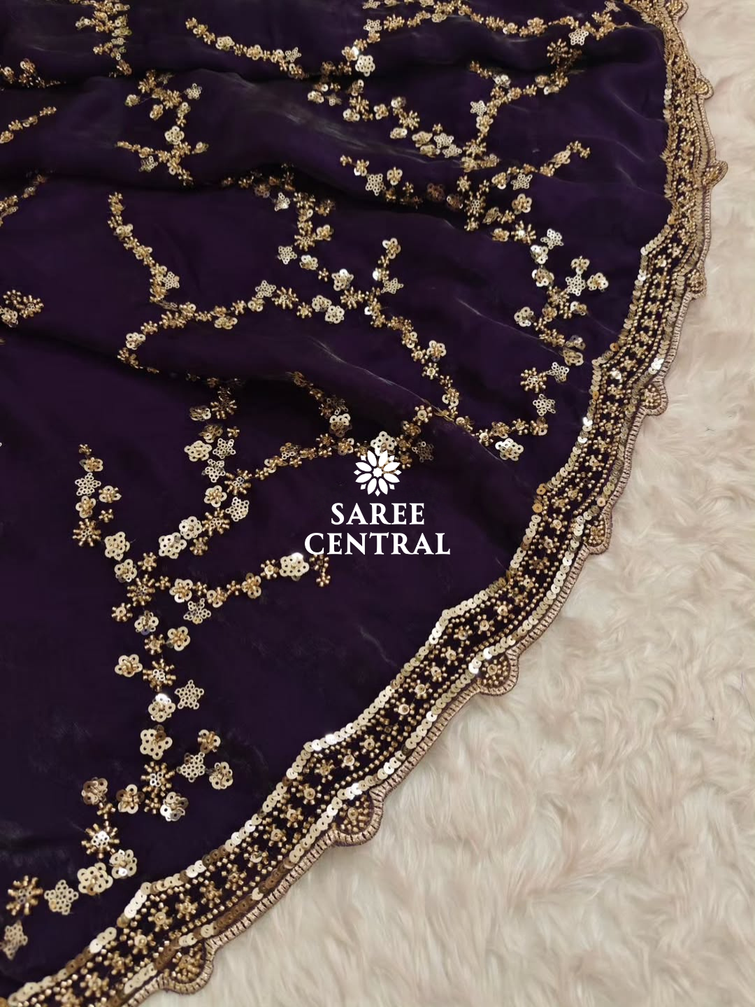 Purple Gold Beads, Sequins Embroidered Partywear Saree (SC11229) - Image 6