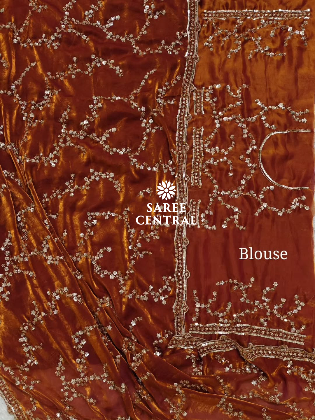 Rust Orange Gold Beads, Sequins Embroidered Partywear Saree (SC11230) - Image 15