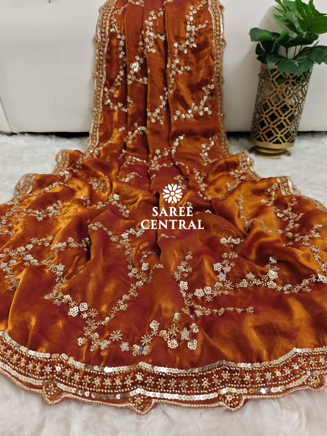 Rust Orange Gold Beads, Sequins Embroidered Partywear Saree (SC11230) - Image 7