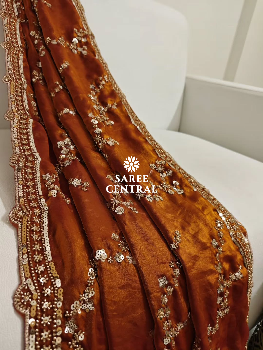 Rust Orange Gold Beads, Sequins Embroidered Partywear Saree (SC11230) - Image 4