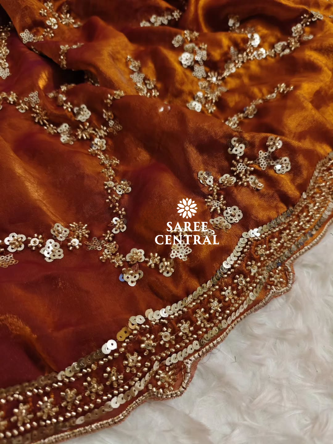 Rust Orange Gold Beads, Sequins Embroidered Partywear Saree (SC11230) - Image 12