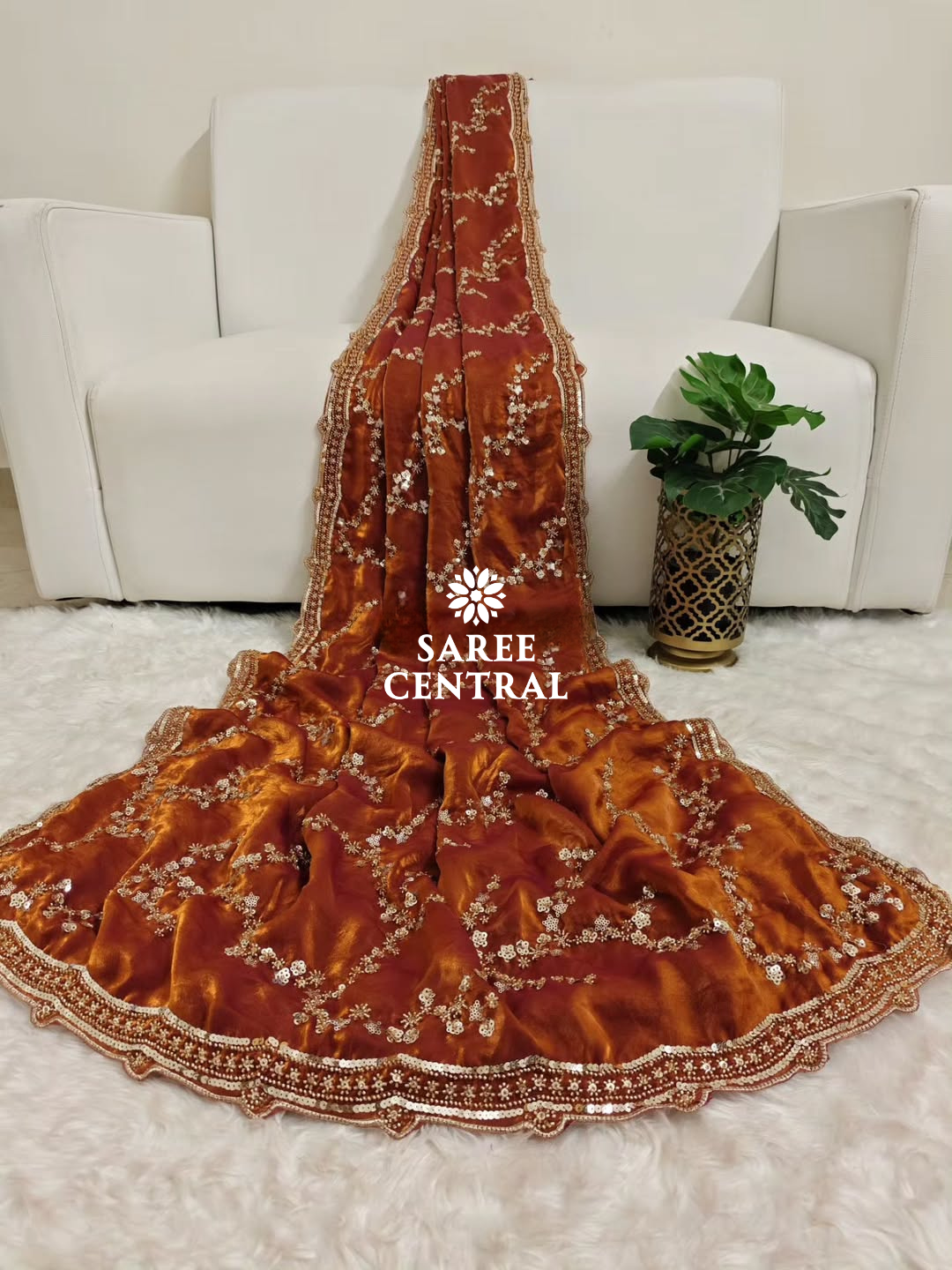 Rust Orange Gold Beads, Sequins Embroidered Partywear Saree (SC11230) - Image 9